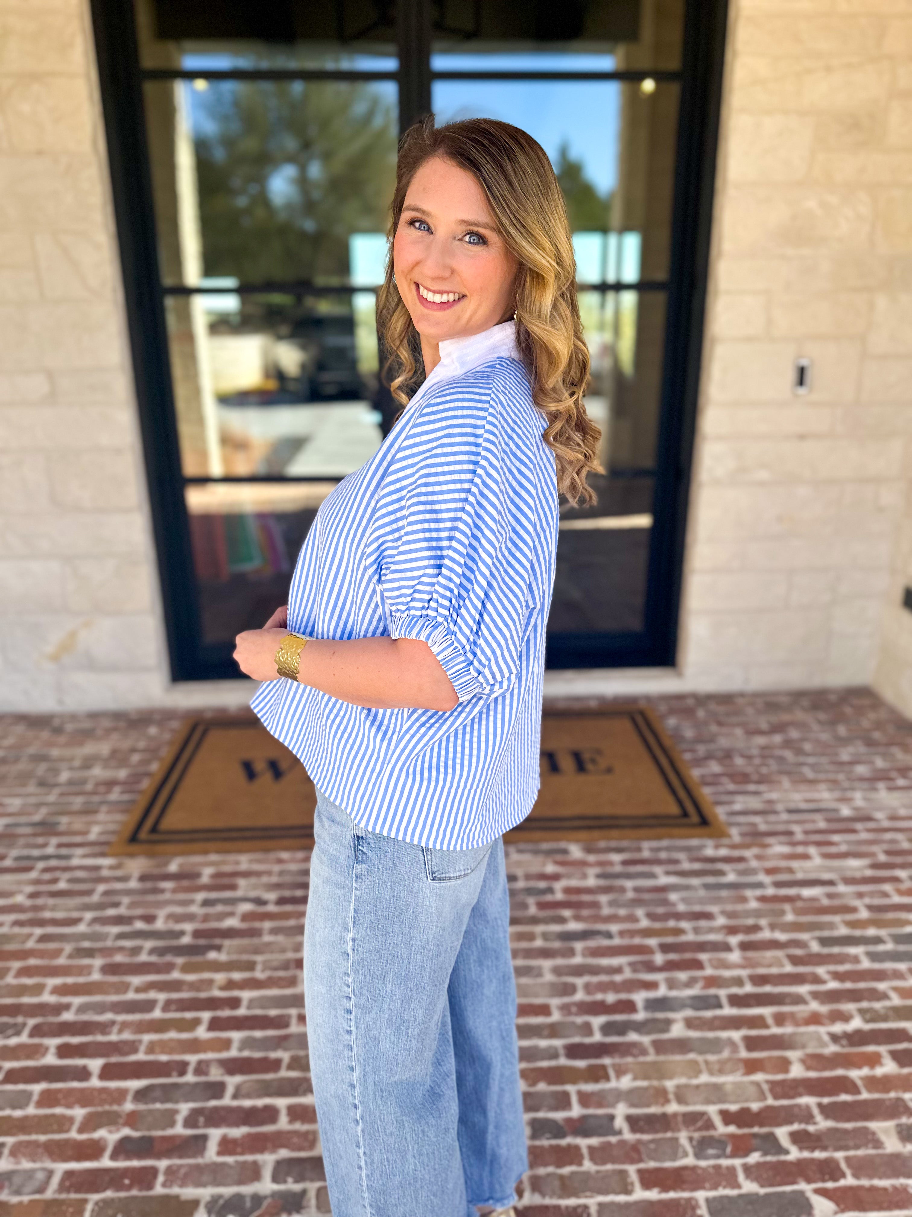 Seersucker Sweet Blouse - Light Blue-200 Fashion Blouses-ENTRO-July & June Women's Fashion Boutique Located in San Antonio, Texas