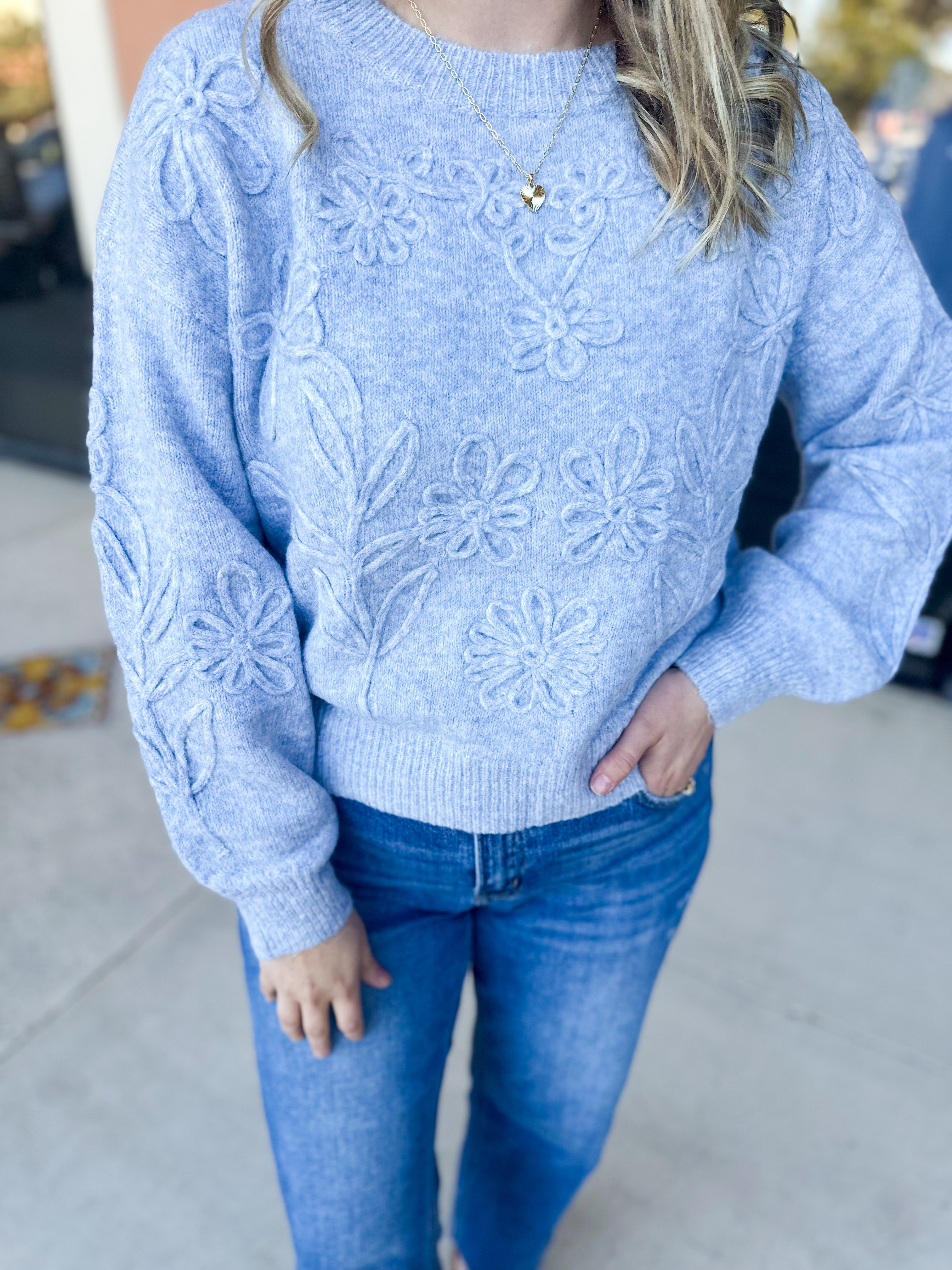 Heather Blue Floral Sweater-230 Sweaters/Cardis-ALLIE ROSE-July & June Women's Fashion Boutique Located in San Antonio, Texas