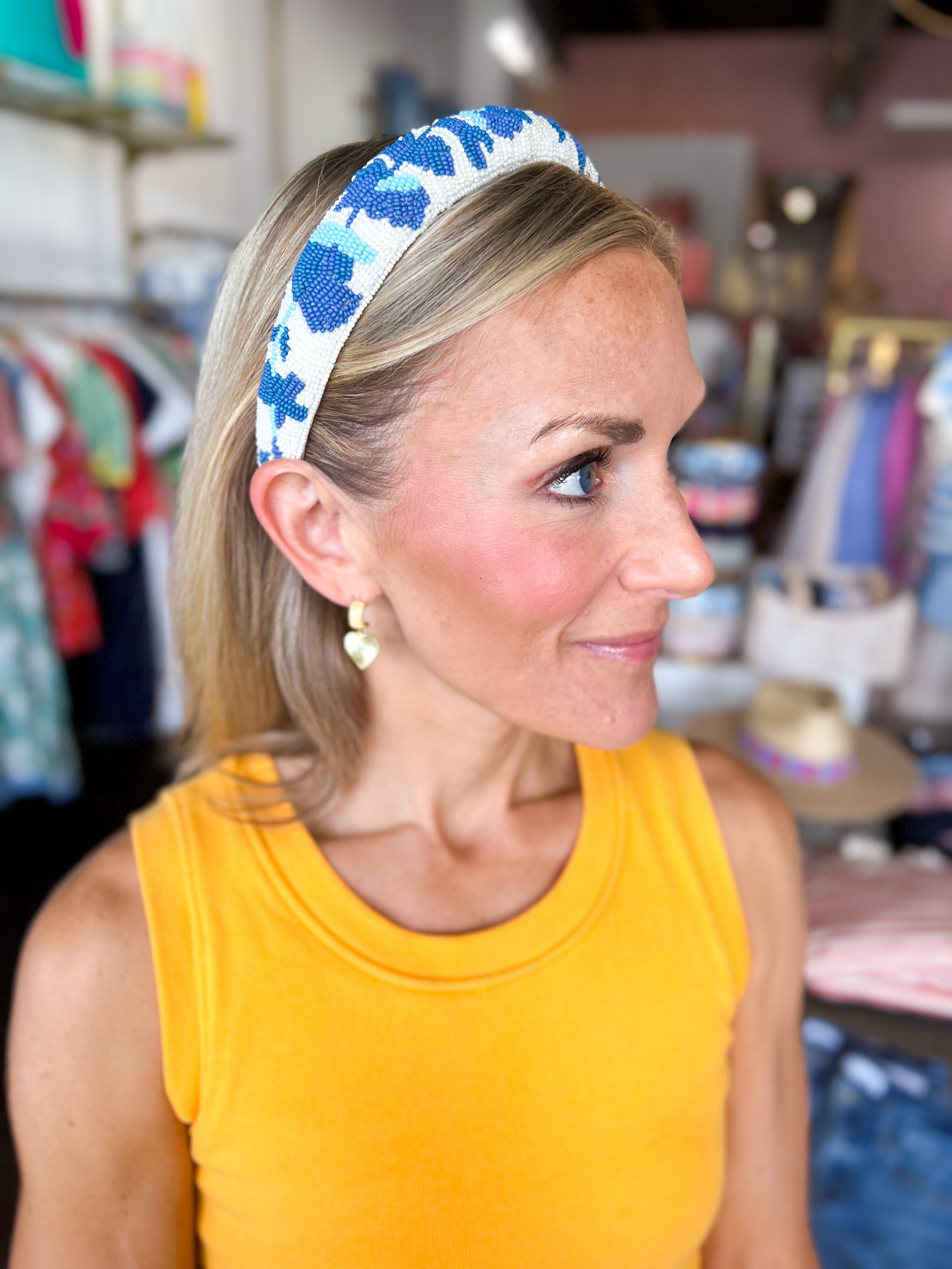 Beaded Blue Floral Headband-130 Accessories-SHIRALEAH-July & June Women's Fashion Boutique Located in San Antonio, Texas