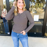 Henley Long Sleeve Basic Top - Brown-210 Casual Blouses-POLOGRAM-July & June Women's Fashion Boutique Located in San Antonio, Texas