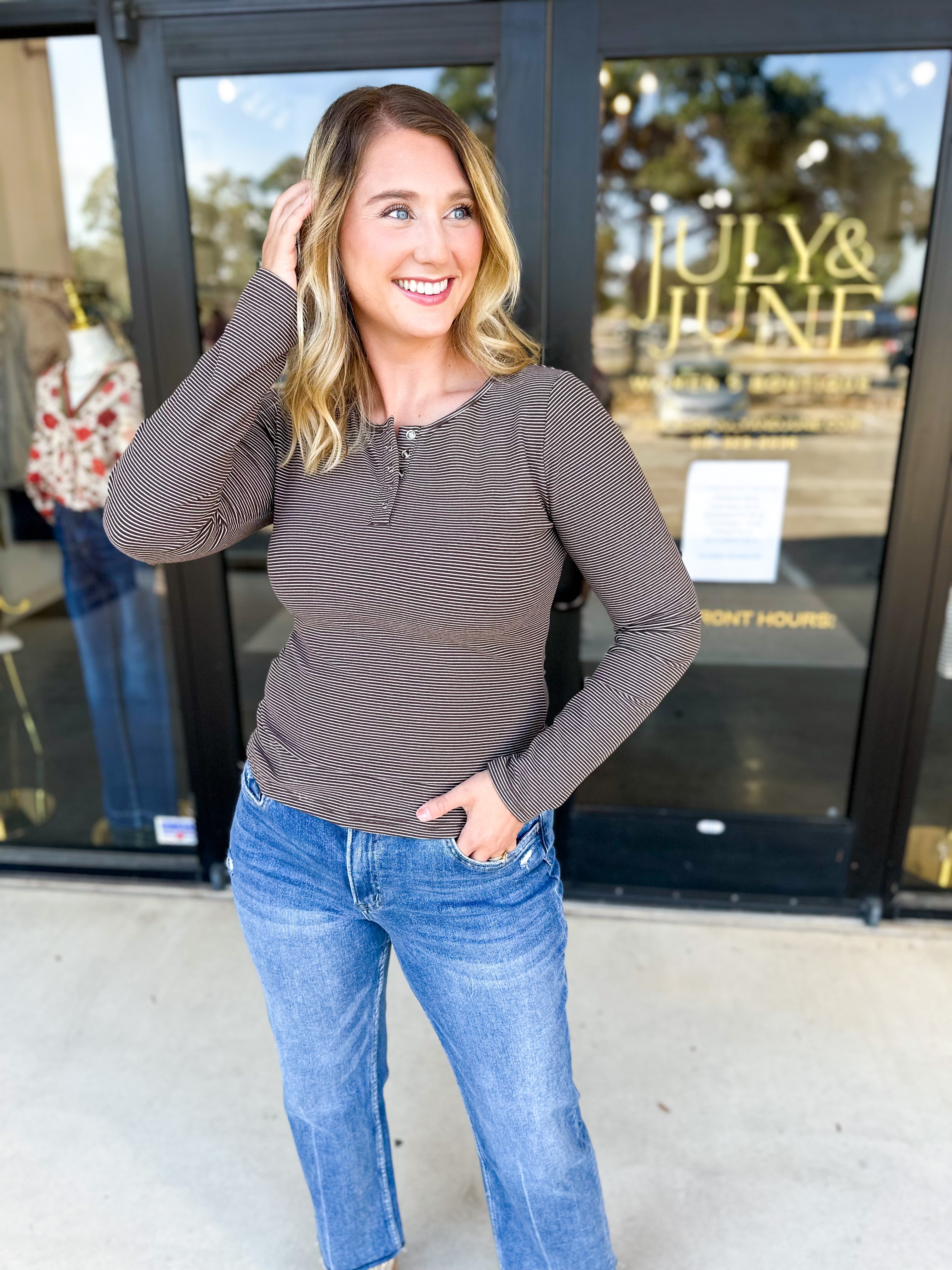Henley Long Sleeve Basic Top - Brown-210 Casual Blouses-POLOGRAM-July & June Women's Fashion Boutique Located in San Antonio, Texas