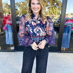 Deep Blue Floral Blouse-200 Fashion Blouses-FATE-July & June Women's Fashion Boutique Located in San Antonio, Texas