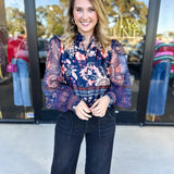 Deep Blue Floral Blouse-200 Fashion Blouses-FATE-July & June Women's Fashion Boutique Located in San Antonio, Texas