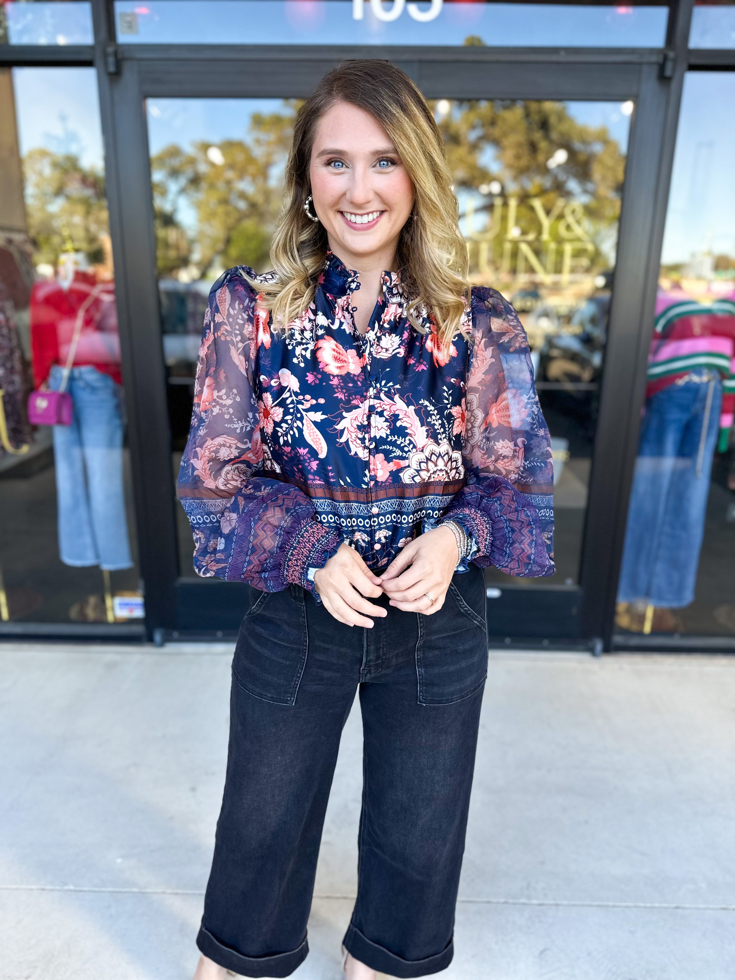 Deep Blue Floral Blouse-200 Fashion Blouses-FATE-July & June Women's Fashion Boutique Located in San Antonio, Texas