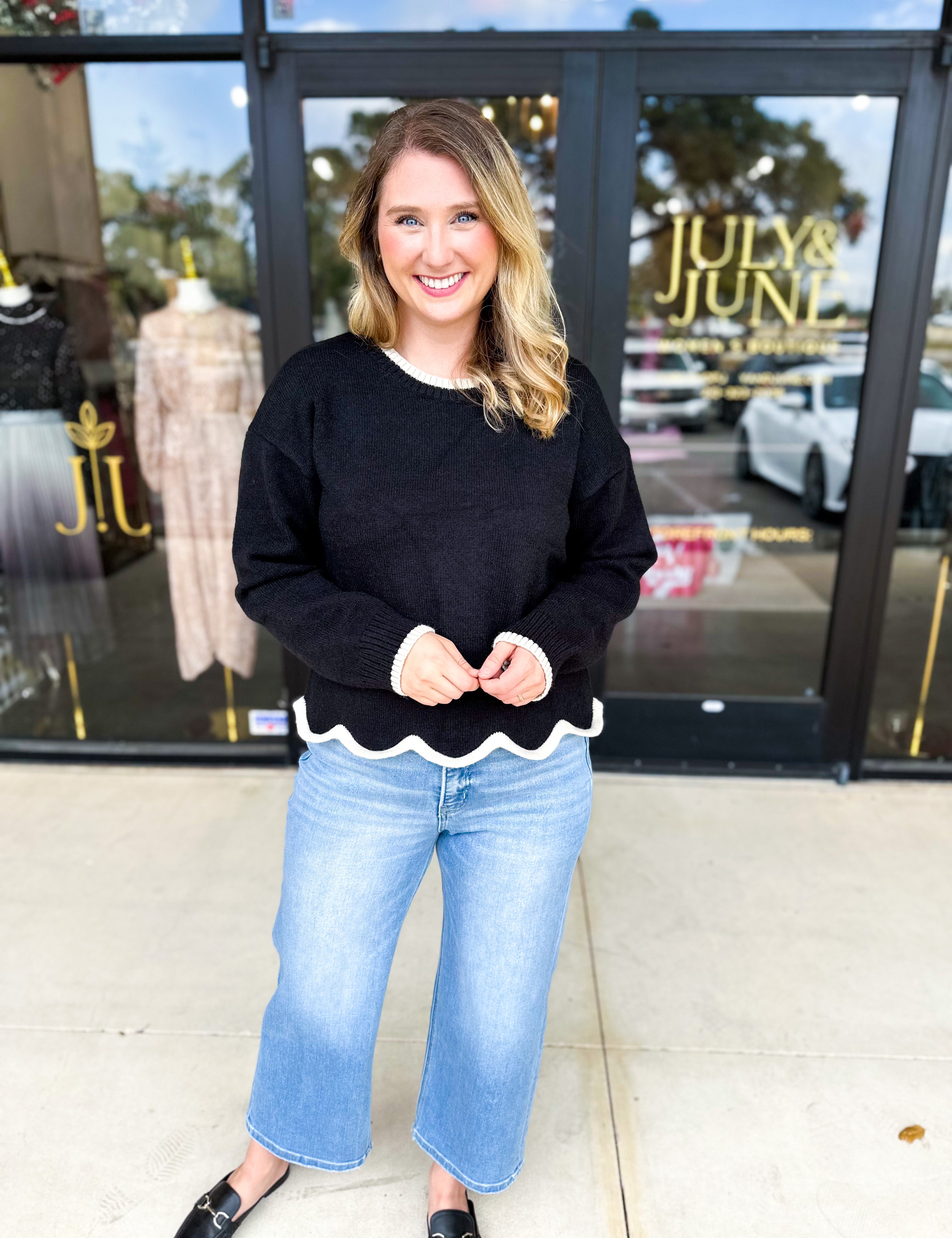 Scalloped Edges Sweater - Black-230 Sweaters/Cardis-ENTRO-July & June Women's Fashion Boutique Located in San Antonio, Texas