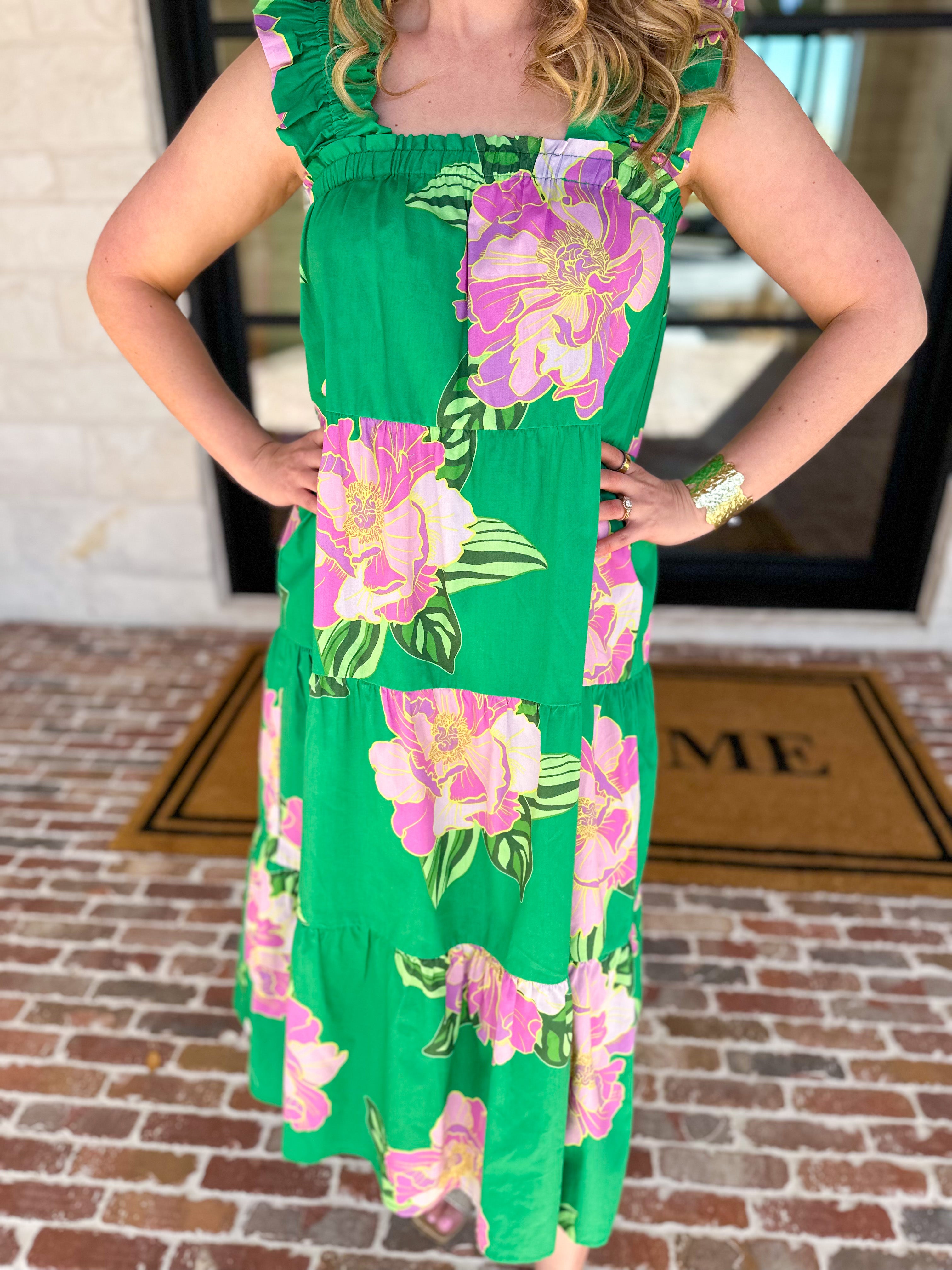 THML - Kelly Green Floral Tiered Midi Dress-500 Midi-THML-July & June Women's Fashion Boutique Located in San Antonio, Texas