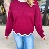 Scalloped Edges Sweater - Burgundy-230 Sweaters/Cardis-ENTRO-July & June Women's Fashion Boutique Located in San Antonio, Texas