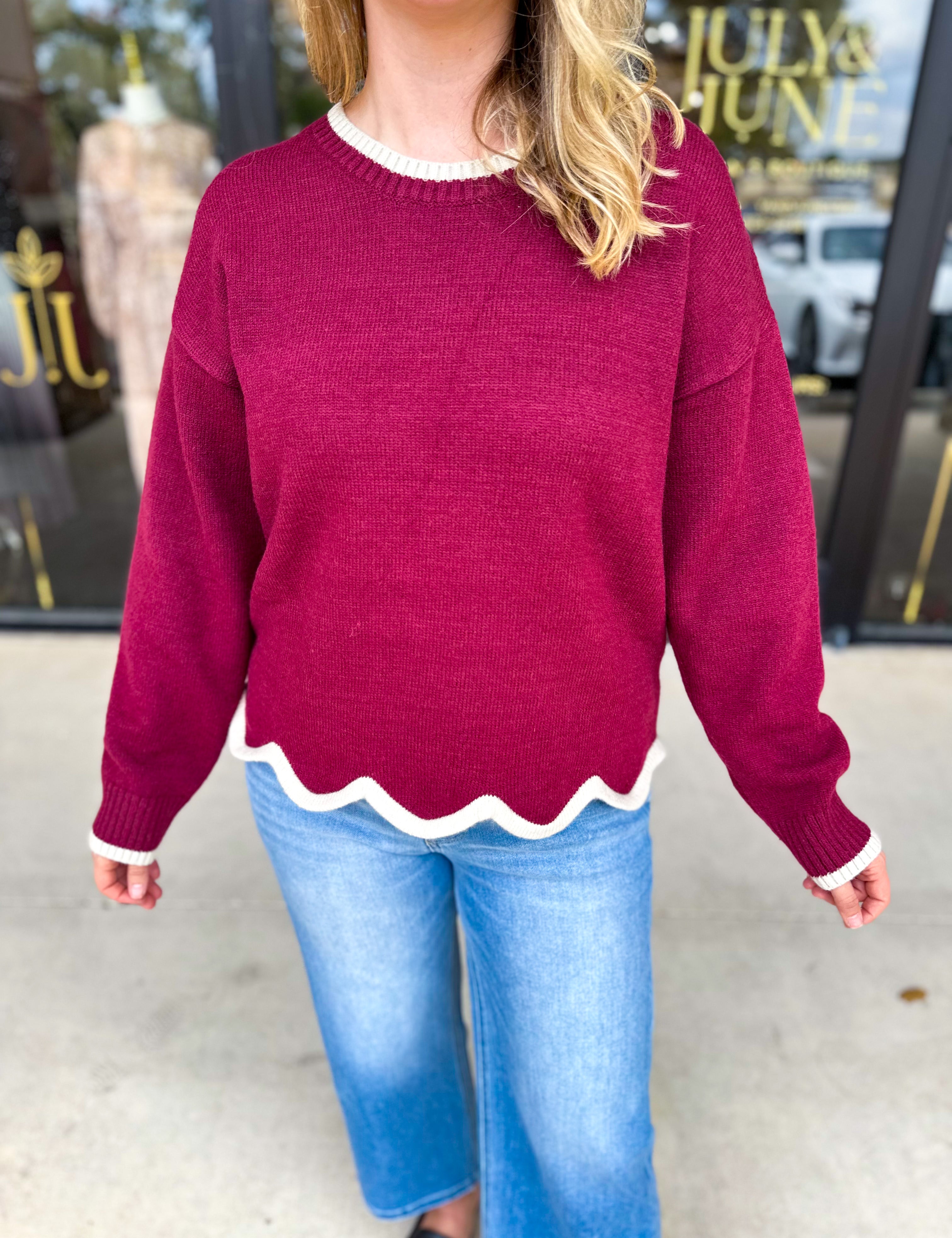 Scalloped Edges Sweater - Burgundy-230 Sweaters/Cardis-ENTRO-July & June Women's Fashion Boutique Located in San Antonio, Texas