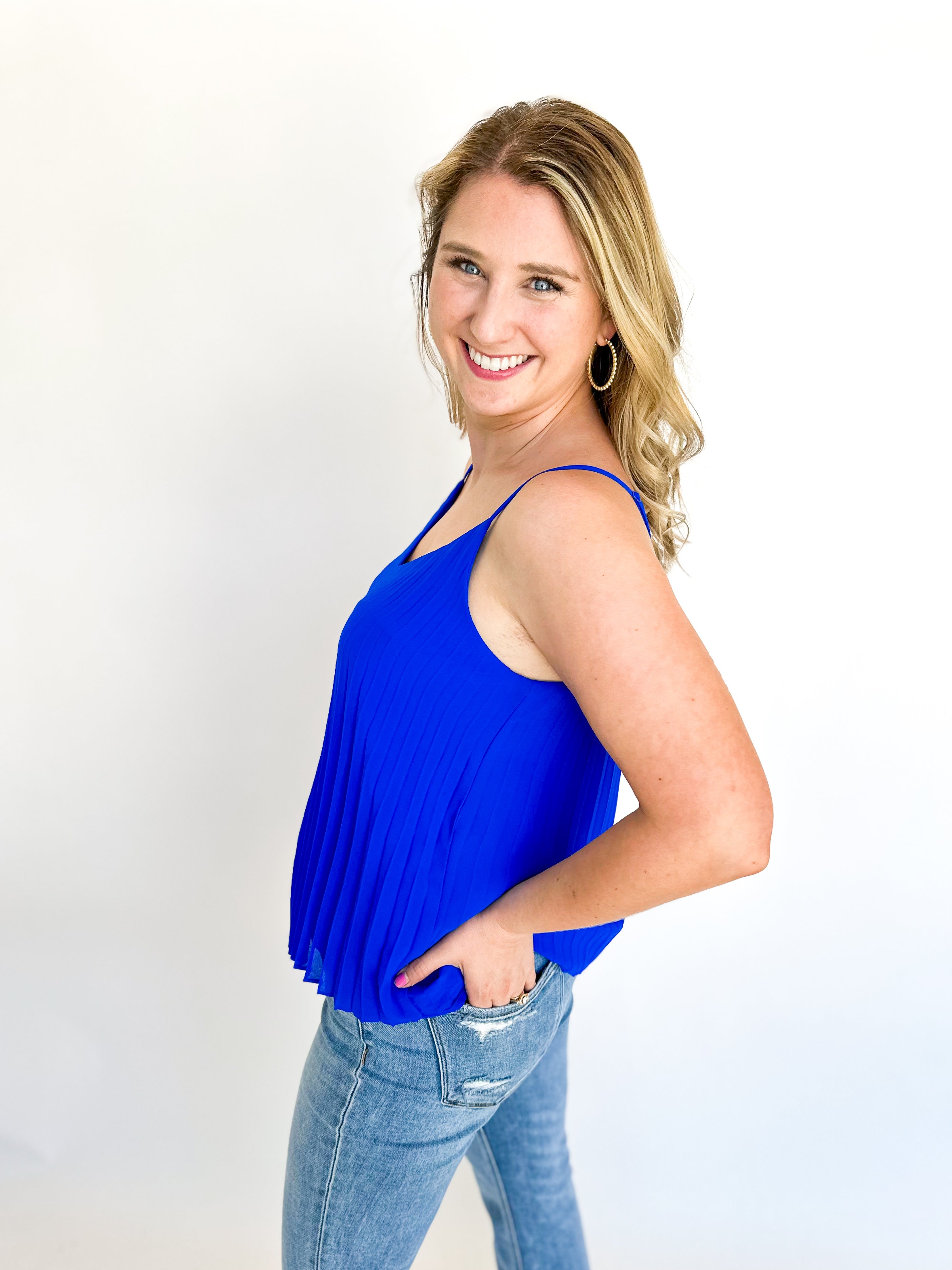 Pleated Cami - Blue-200 Fashion Blouses-SKIES ARE BLUE-July & June Women's Fashion Boutique Located in San Antonio, Texas