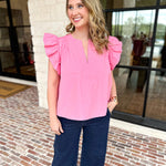 Flutter Sleeve Poplin Blouse - Pink-200 Fashion Blouses-STRUT & BOLT-July & June Women's Fashion Boutique Located in San Antonio, Texas