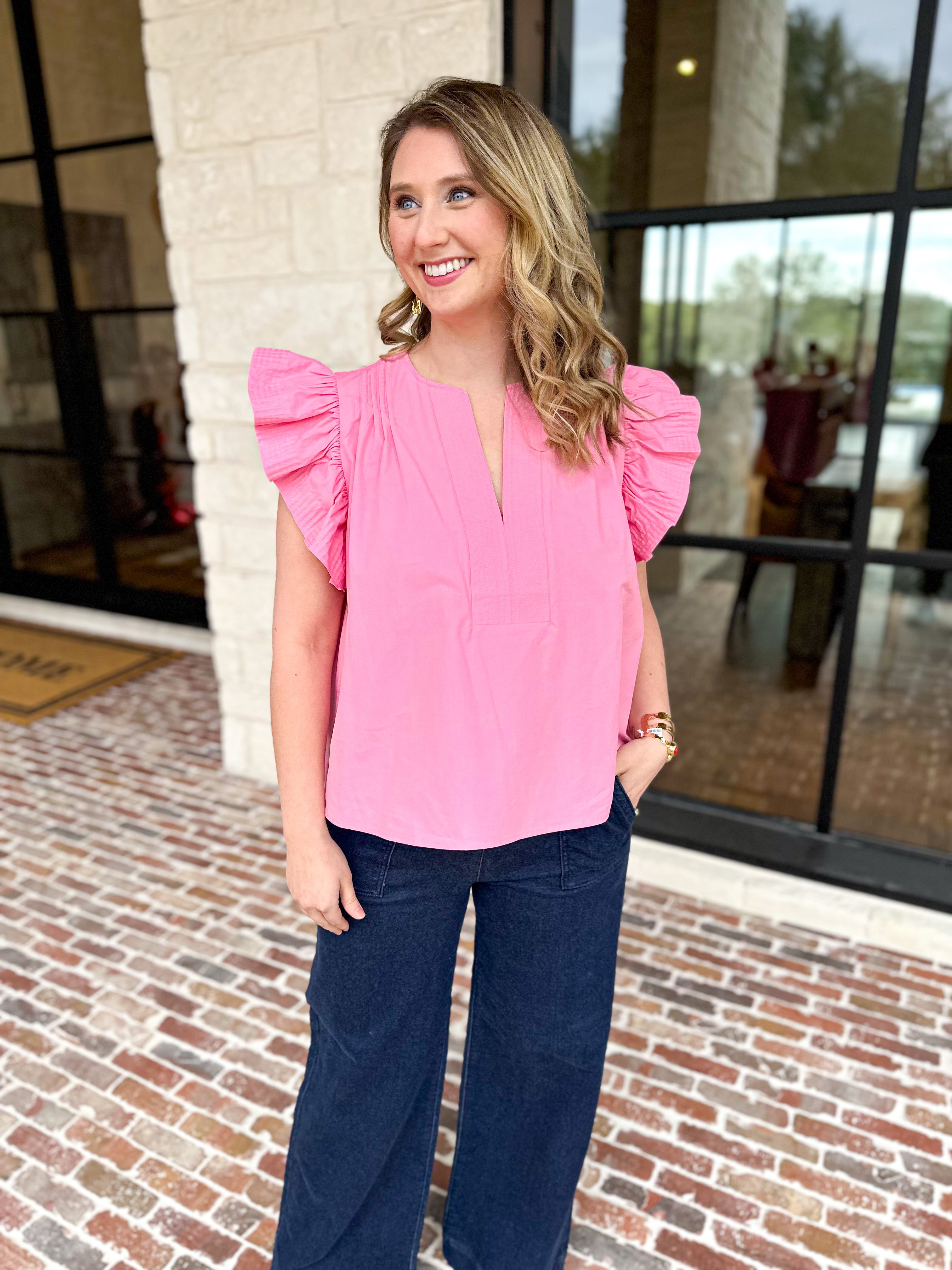 Flutter Sleeve Poplin Blouse - Pink-200 Fashion Blouses-STRUT & BOLT-July & June Women's Fashion Boutique Located in San Antonio, Texas