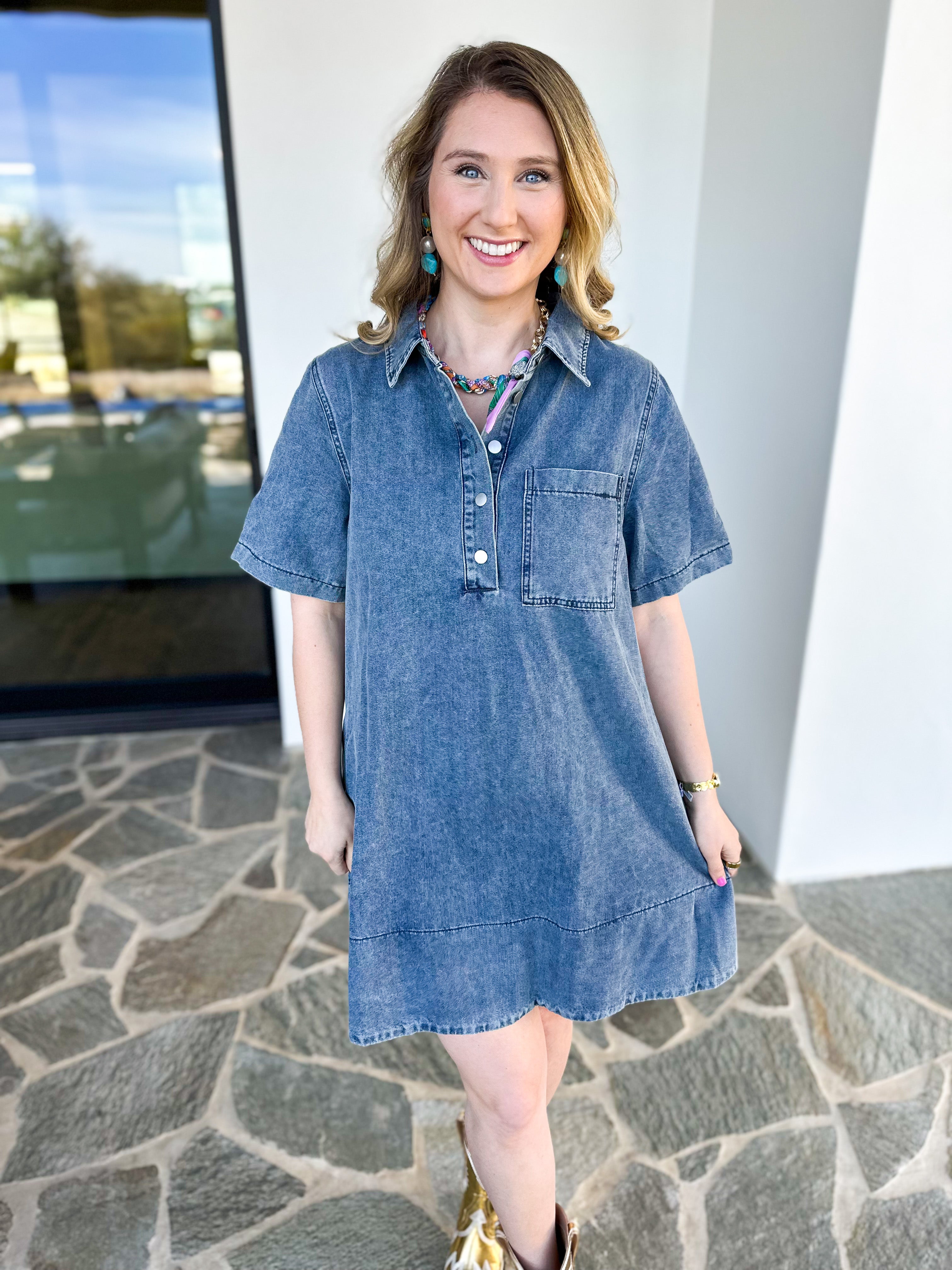 Vintage Wash Denim Mini Dress-510 Mini-IN FEBRUARY-July & June Women's Fashion Boutique Located in San Antonio, Texas