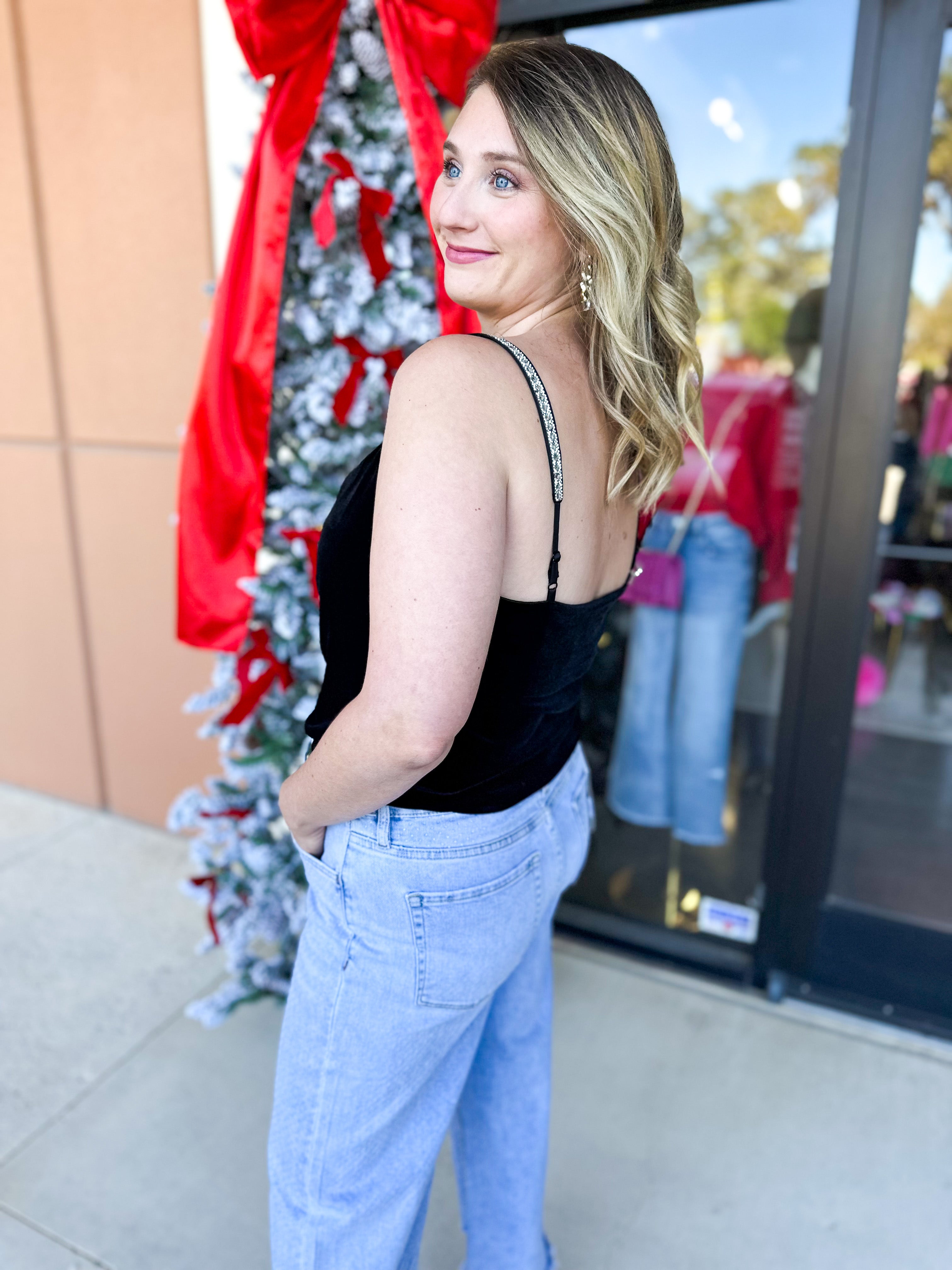 Velvet & Rhinestone Cami-200 Fashion Blouses-SKIES ARE BLUE-July & June Women's Fashion Boutique Located in San Antonio, Texas