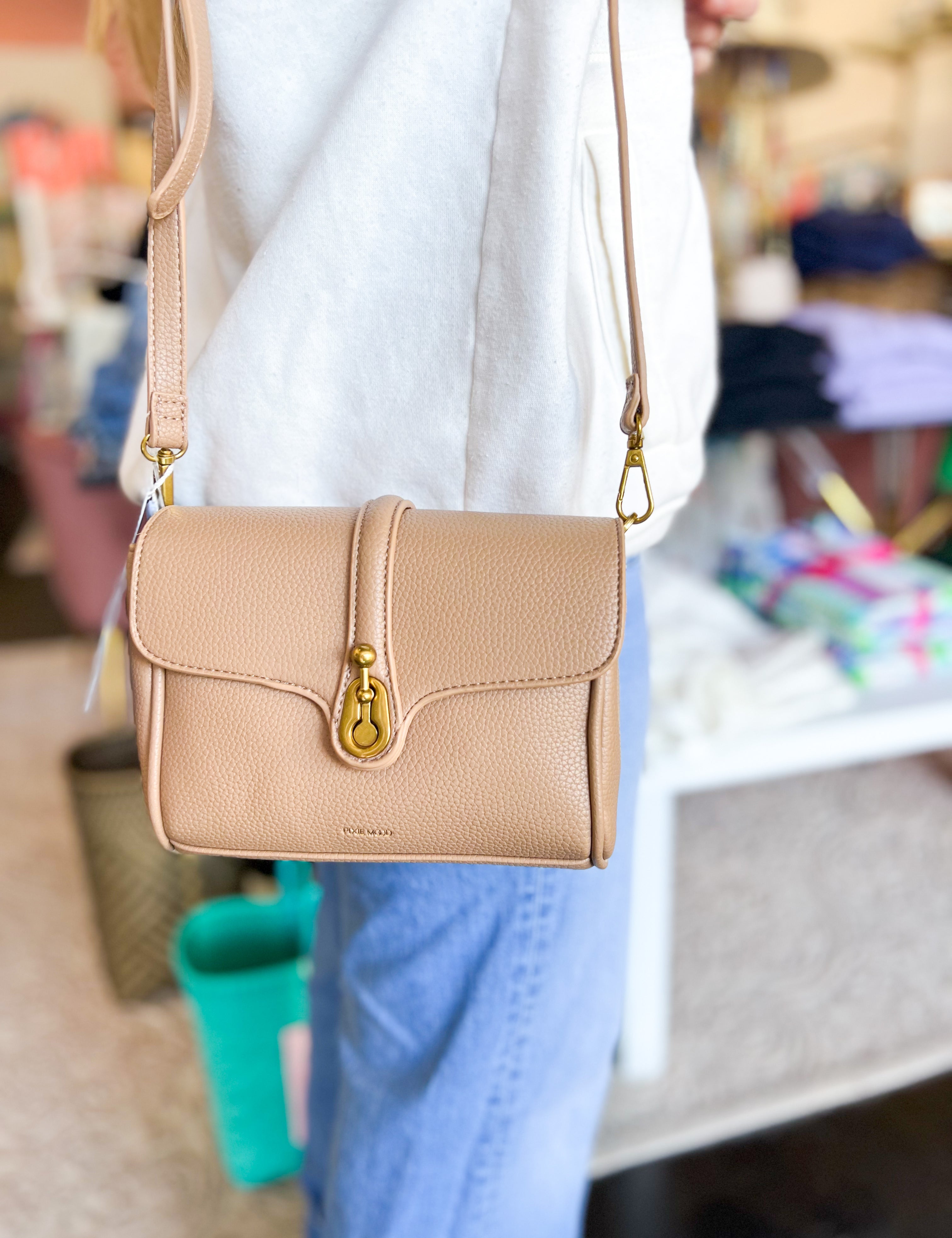 Pixie Mood - Lock - Recycled Vegan Crossbody - Latte Pebbled-130 Accessories-PIXIE MOOD-July & June Women's Fashion Boutique Located in San Antonio, Texas
