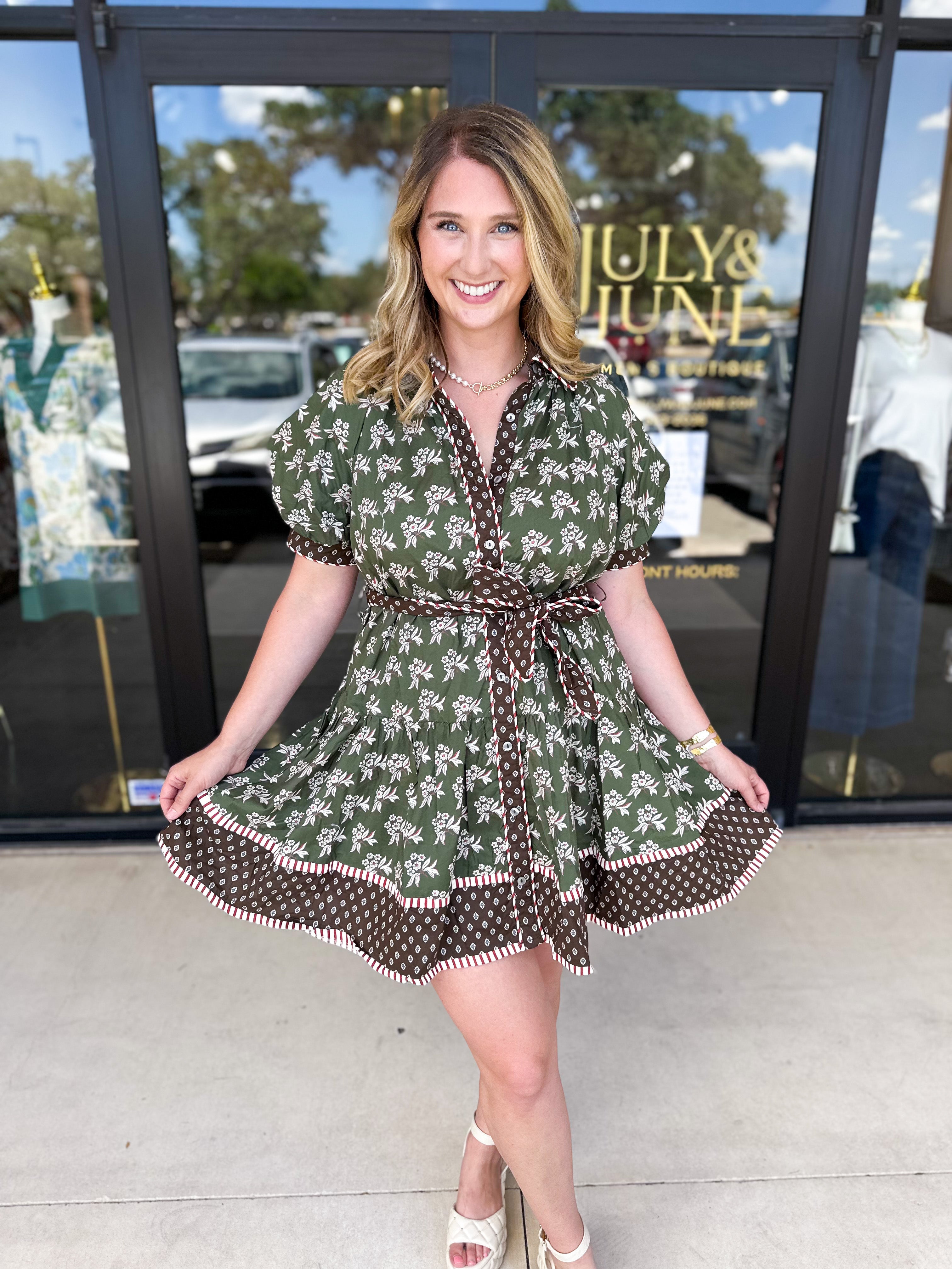 Olive & Chocolate Brown Floral Mini Dress-510 Mini-ENTRO-July & June Women's Fashion Boutique Located in San Antonio, Texas