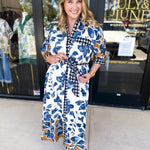 Slate Blue & Rust Watercolor Midi Dress-500 Midi-ENTRO-July & June Women's Fashion Boutique Located in San Antonio, Texas