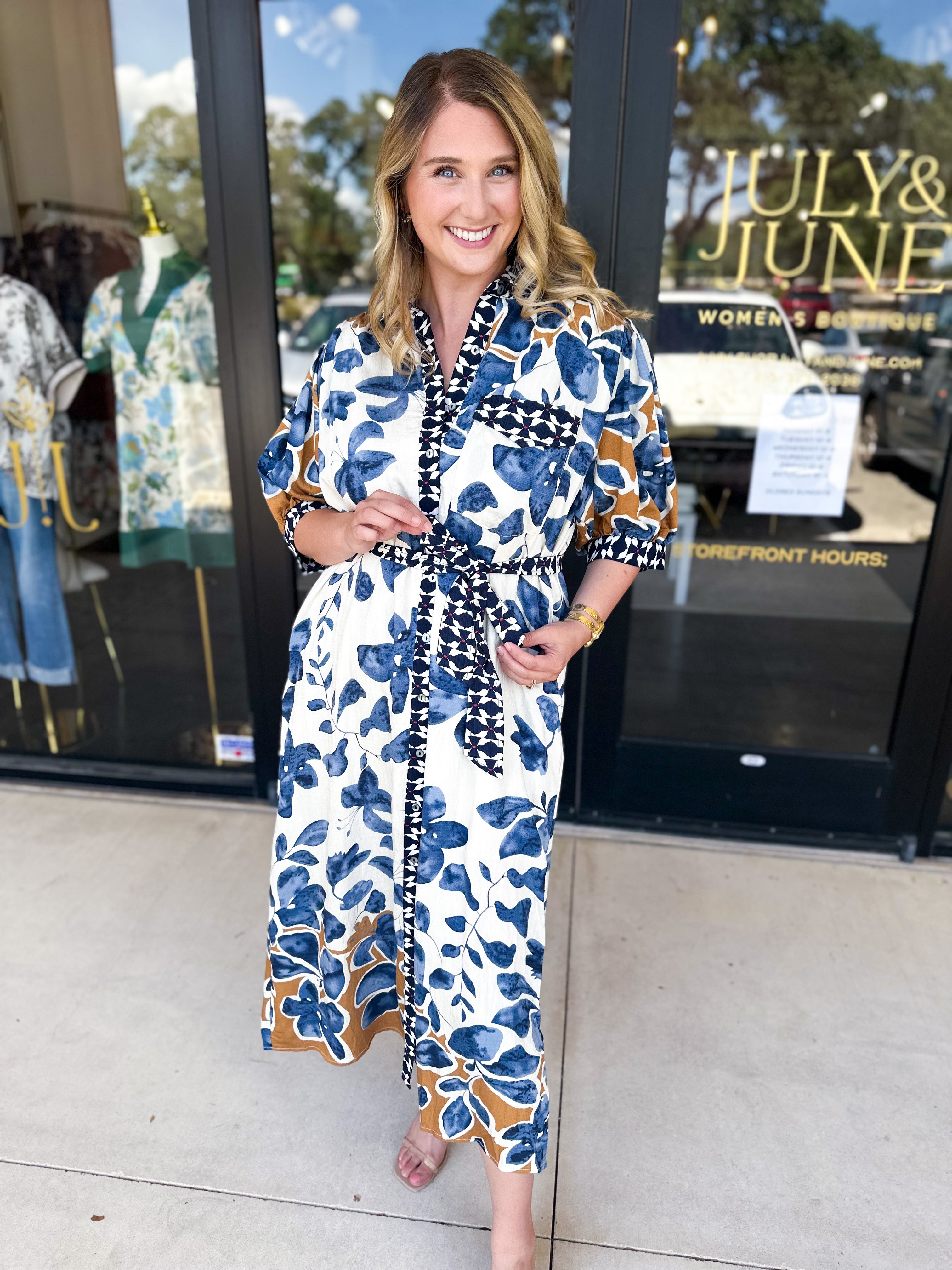 Slate Blue & Rust Watercolor Midi Dress-500 Midi-ENTRO-July & June Women's Fashion Boutique Located in San Antonio, Texas