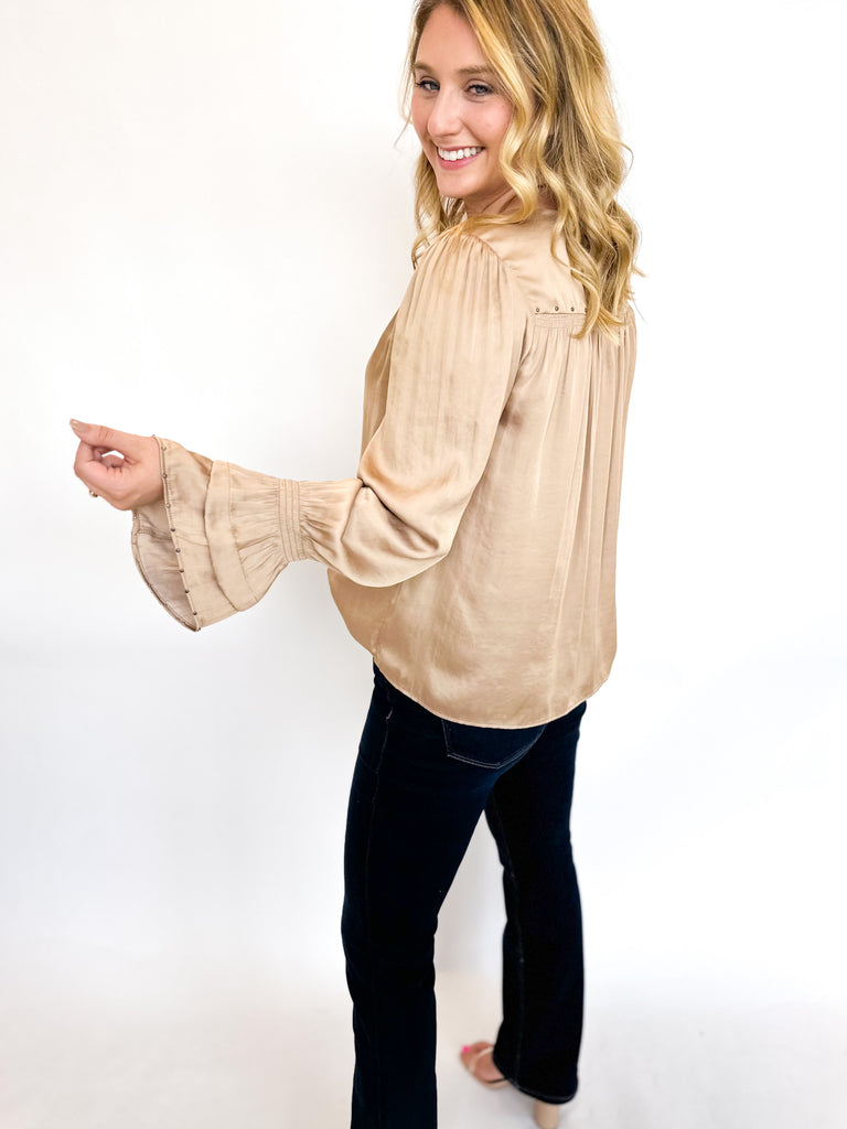 Studded Long Sleeve Blouse- Toffee-200 Fashion Blouses-CURRENT AIR CLOTHING-July & June Women's Fashion Boutique Located in San Antonio, Texas