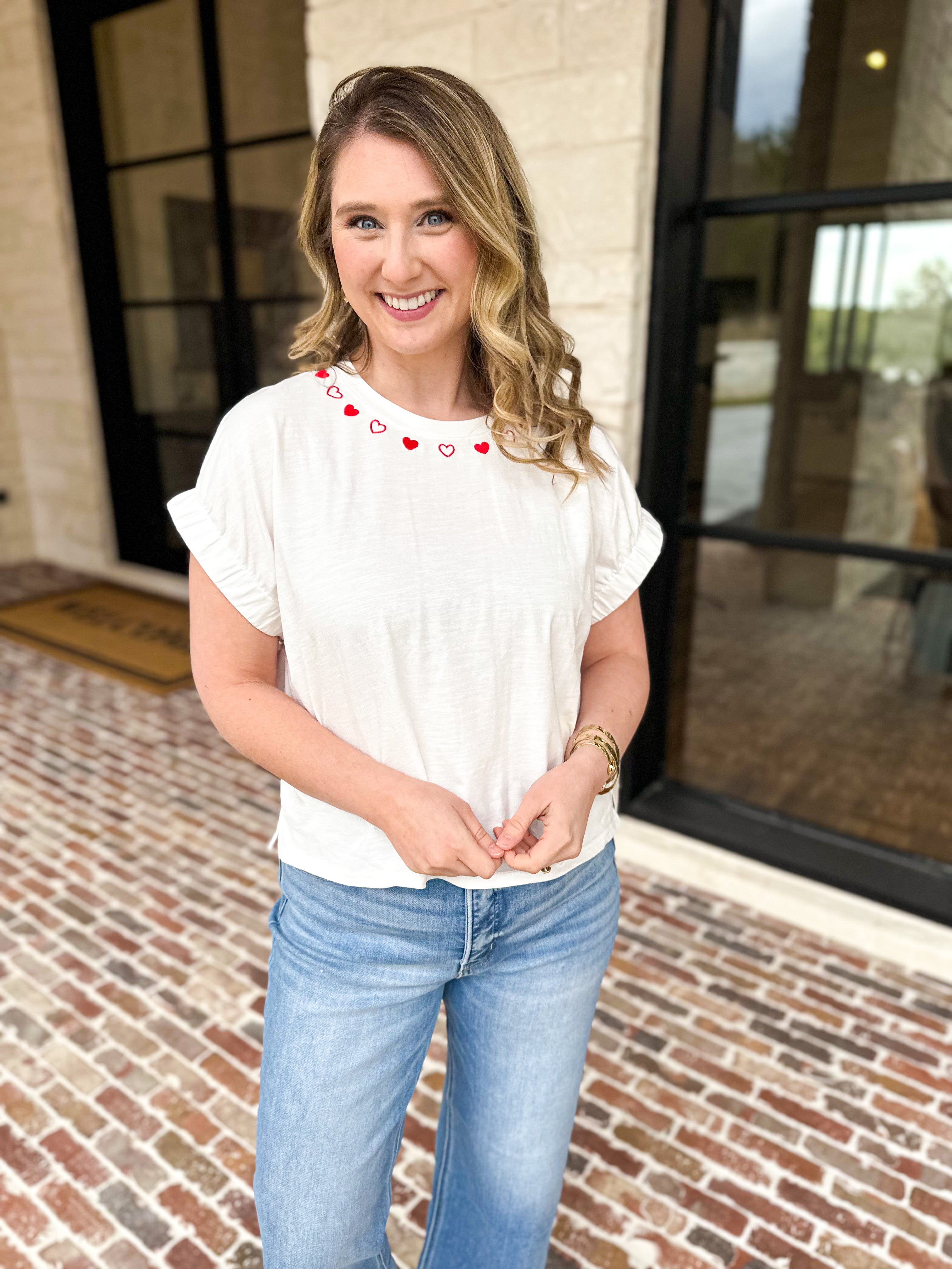Heart Embroidered Tee-200 Fashion Blouses-DAY + MOON-July & June Women's Fashion Boutique Located in San Antonio, Texas