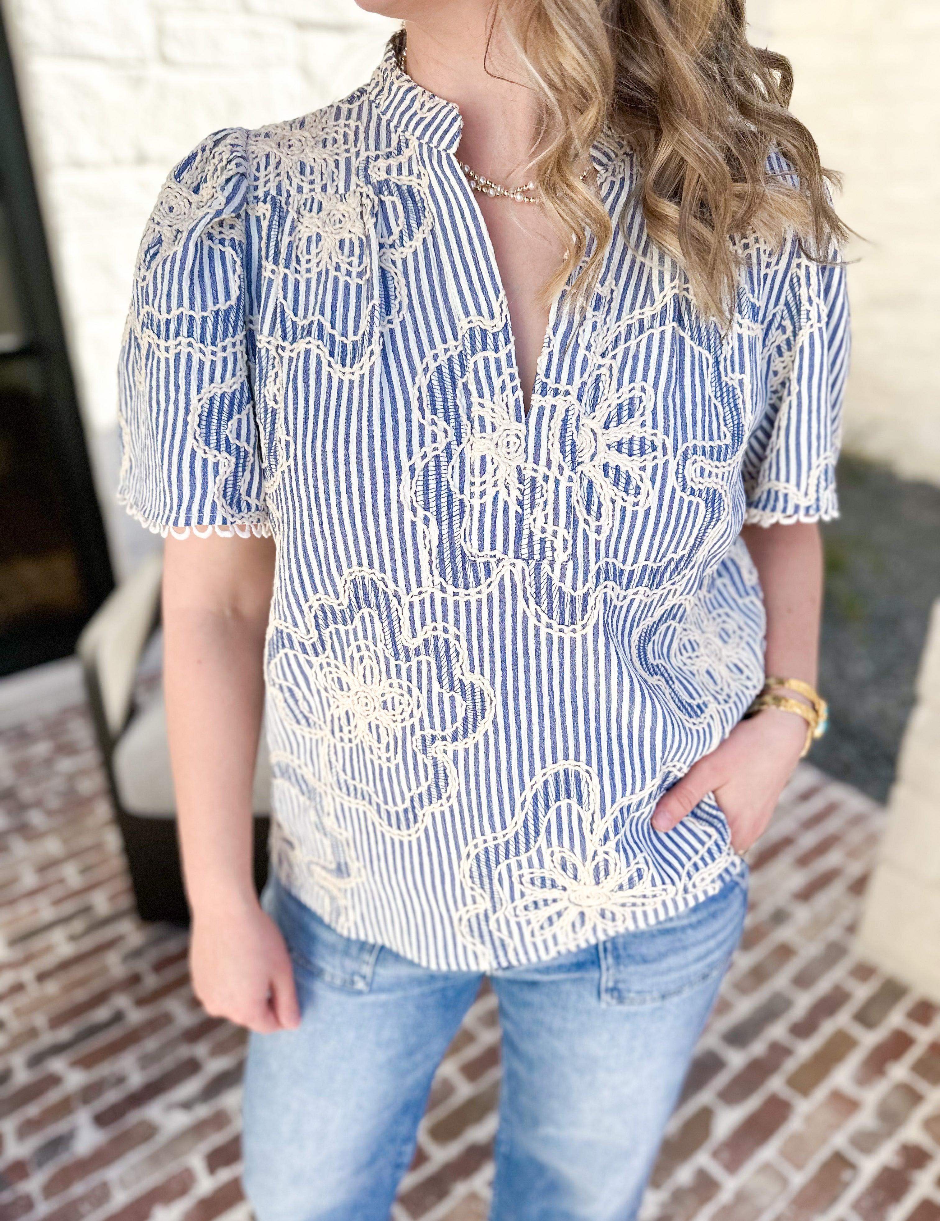 THML - Blue Skies Embroidered Blouse-510 Mini-THML-July & June Women's Fashion Boutique Located in San Antonio, Texas