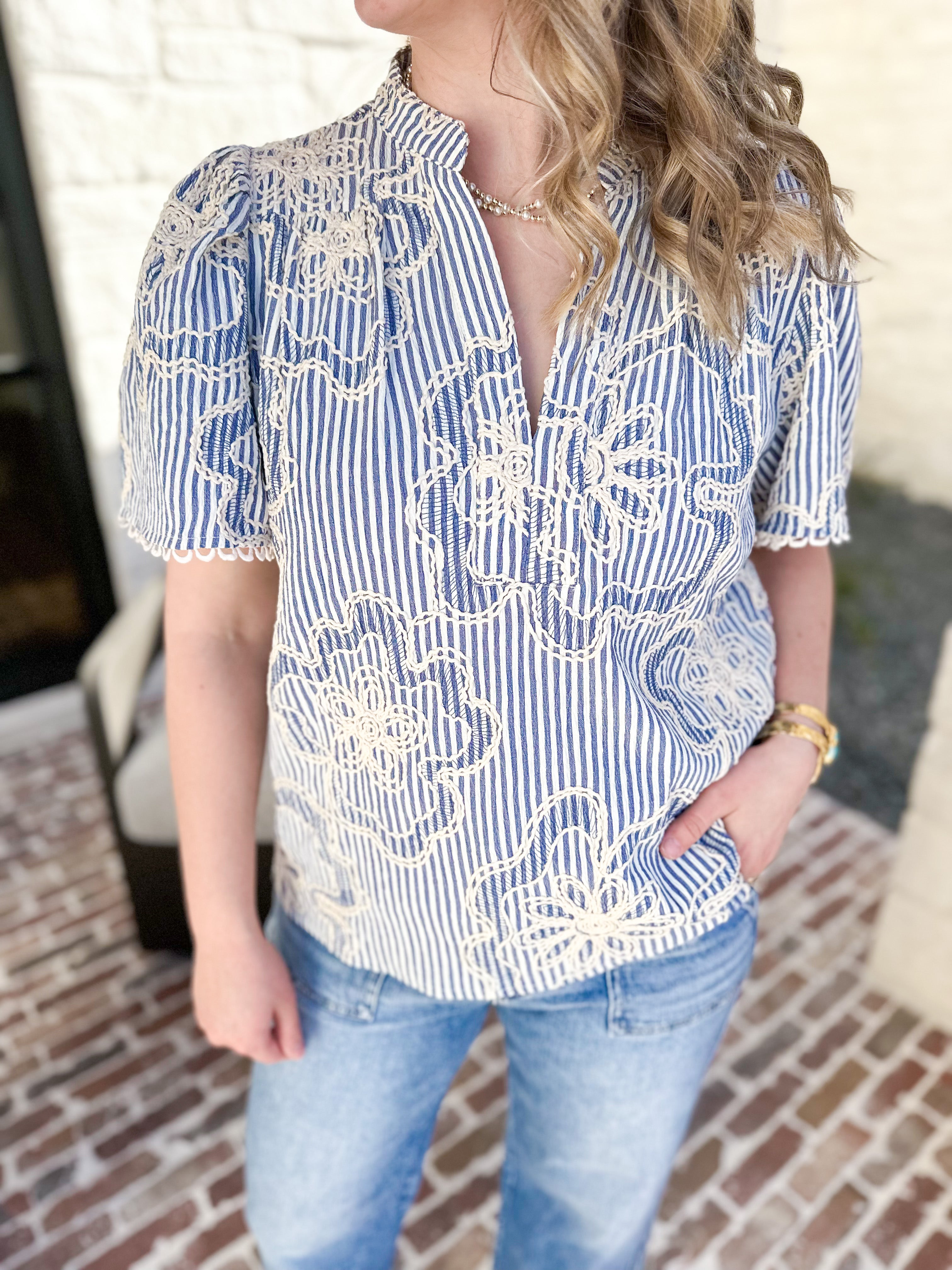THML - Blue Skies Embroidered Blouse-510 Mini-THML-July & June Women's Fashion Boutique Located in San Antonio, Texas
