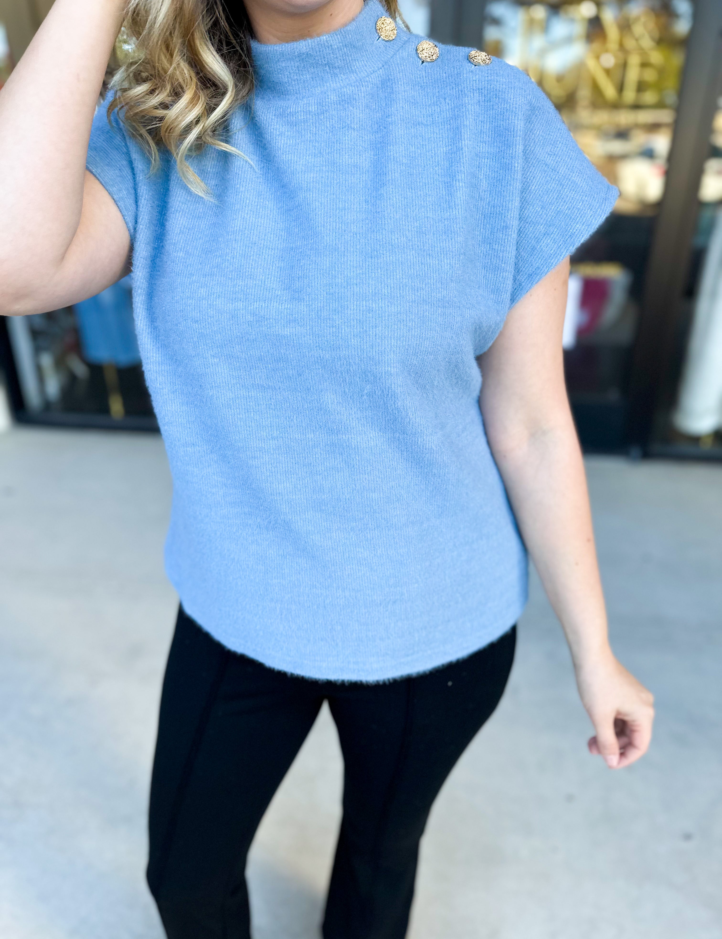 THML - Mock Neck Fuzzy Sweater Top - Ice Blue-230 Sweaters/Cardis-THML-July & June Women's Fashion Boutique Located in San Antonio, Texas