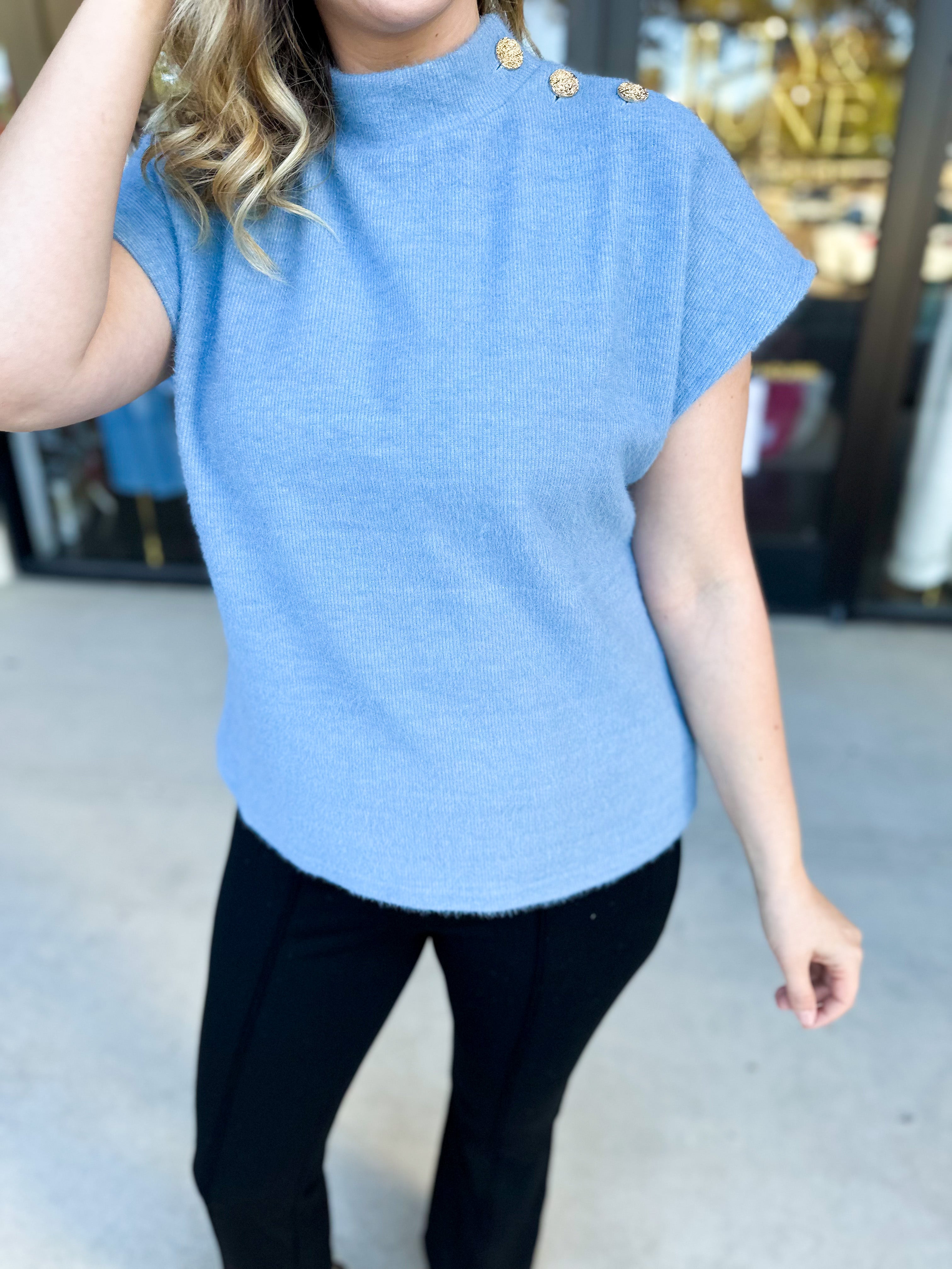 THML - Mock Neck Fuzzy Sweater Top - Ice Blue-230 Sweaters/Cardis-THML-July & June Women's Fashion Boutique Located in San Antonio, Texas