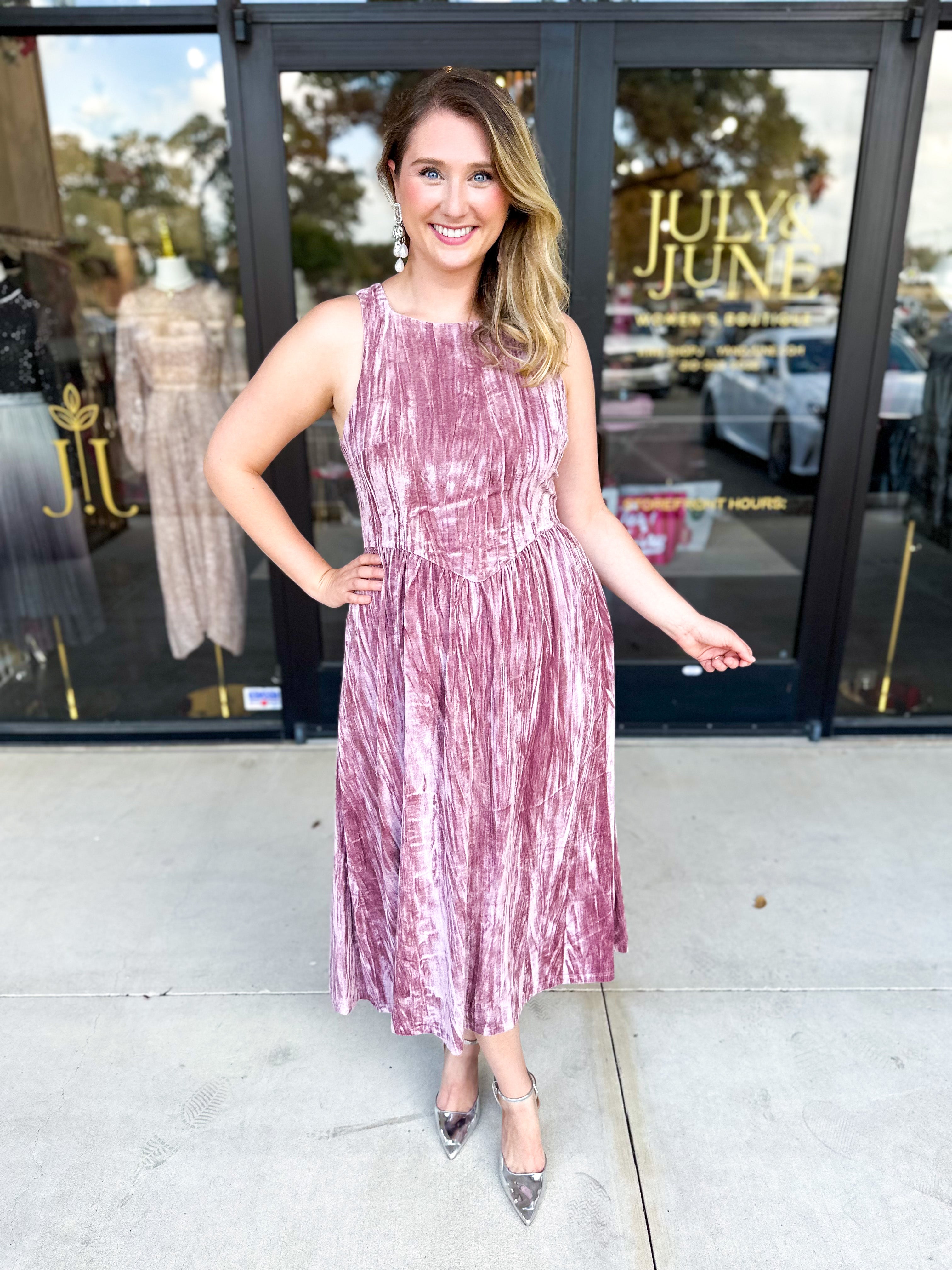 Blush Velvet Midi Dress-500 Midi-POLOGRAM-July & June Women's Fashion Boutique Located in San Antonio, Texas
