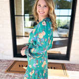 Current Air - Green Floral Satin Midi Dress-500 Midi-CURRENT AIR CLOTHING-July & June Women's Fashion Boutique Located in San Antonio, Texas