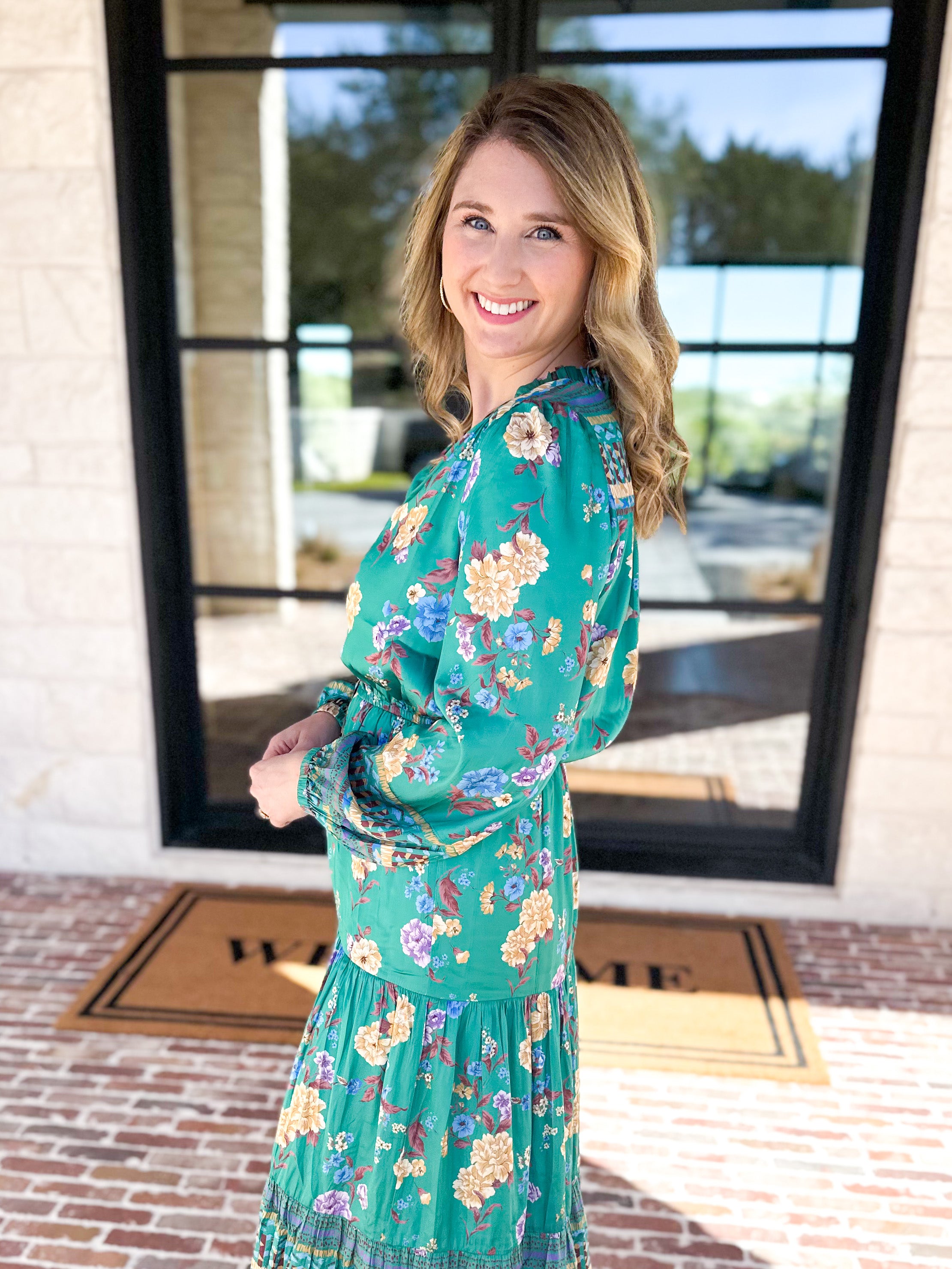 Current Air - Green Floral Satin Midi Dress-500 Midi-CURRENT AIR CLOTHING-July & June Women's Fashion Boutique Located in San Antonio, Texas