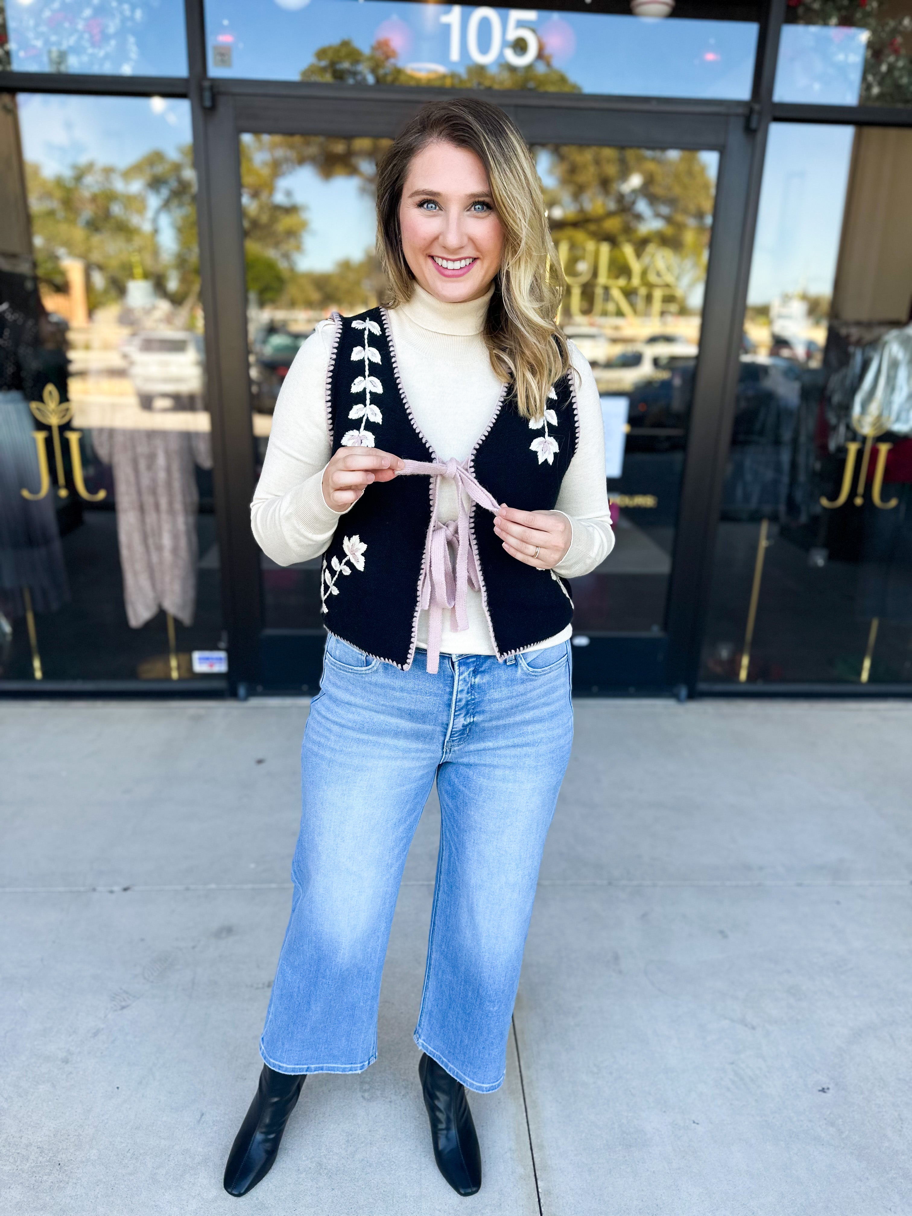 Mauve & Black Knit Floral Vest-600 Outerwear-LISTICLE-July & June Women's Fashion Boutique Located in San Antonio, Texas