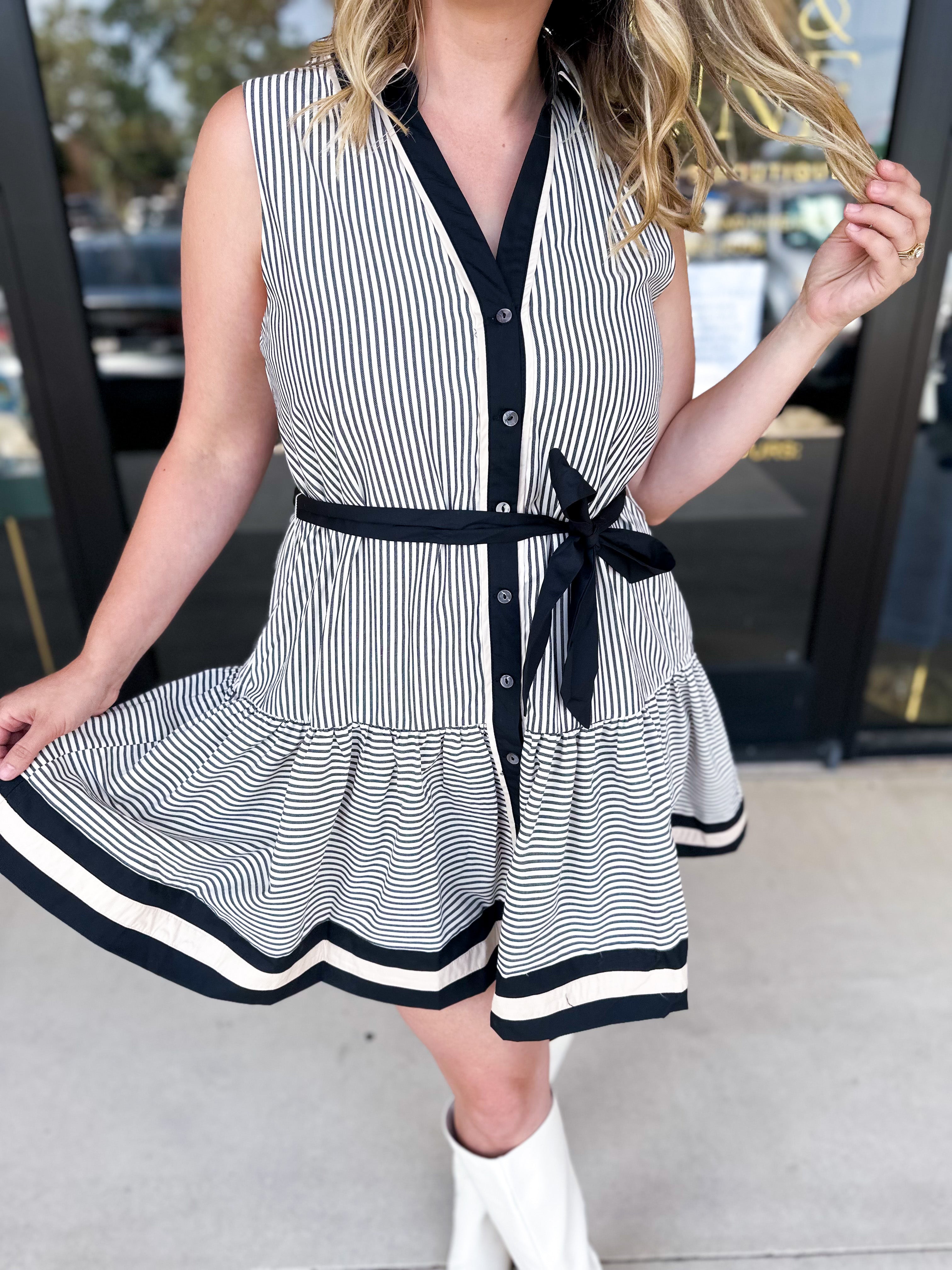 Black Stripe Mini Dress-510 Mini-ENTRO-July & June Women's Fashion Boutique Located in San Antonio, Texas