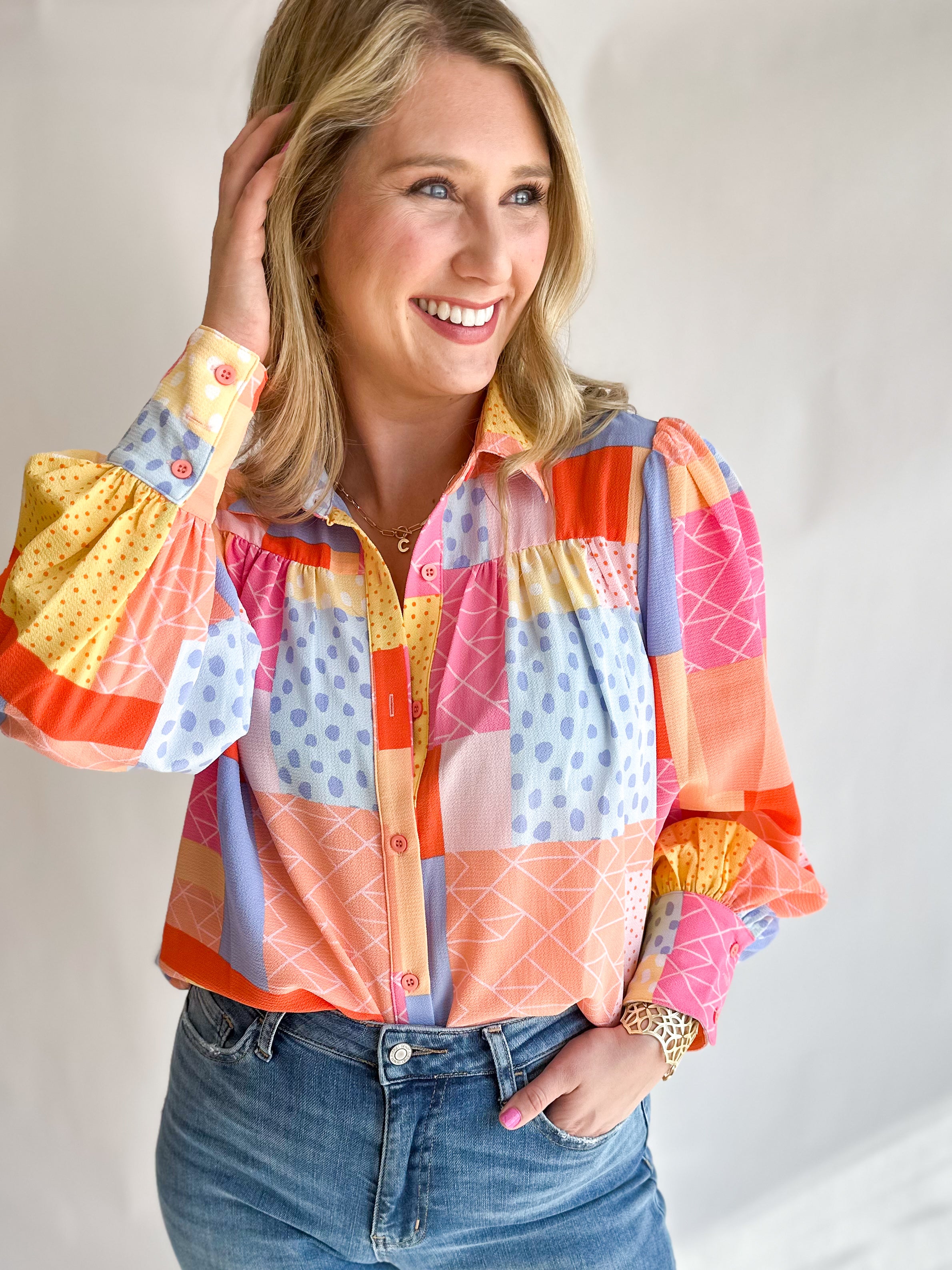 Pastel Patchwork Button Down Blouse-200 Fashion Blouses-FATE-July & June Women's Fashion Boutique Located in San Antonio, Texas