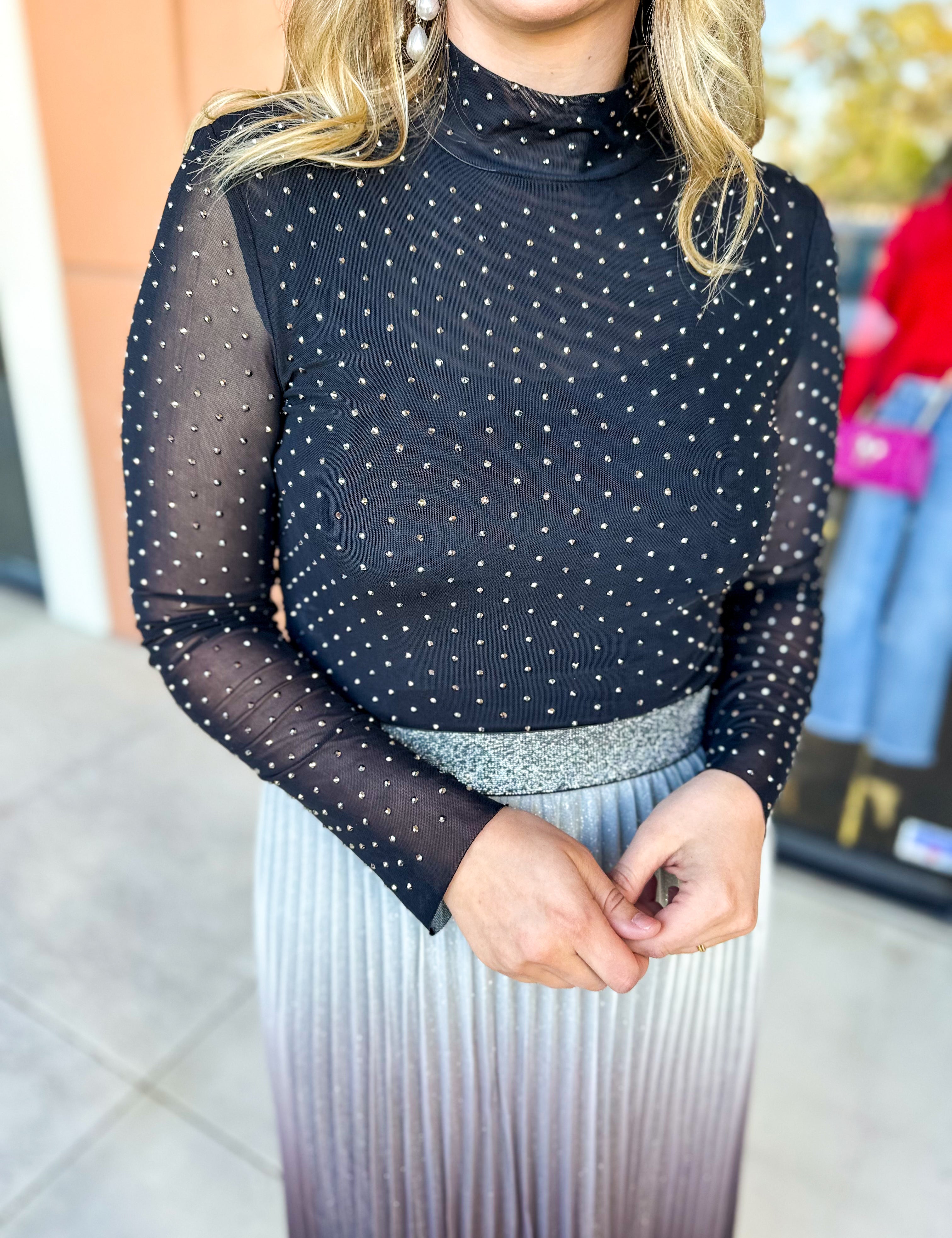 Sheer Rhinestone Long Sleeve Top - Black-200 Fashion Blouses-SKIES ARE BLUE-July & June Women's Fashion Boutique Located in San Antonio, Texas