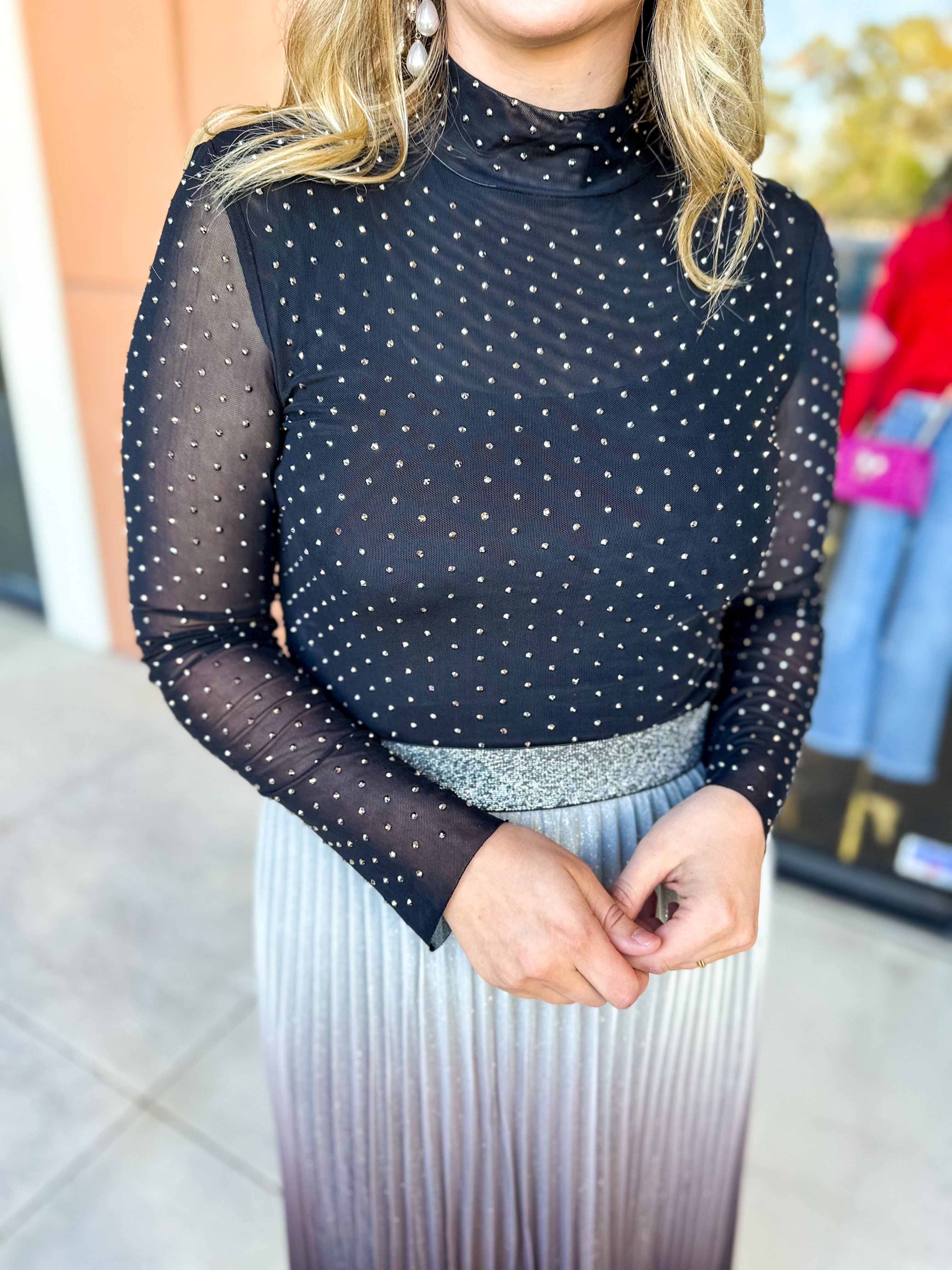 Sheer Rhinestone Long Sleeve Top - Black-200 Fashion Blouses-SKIES ARE BLUE-July & June Women's Fashion Boutique Located in San Antonio, Texas