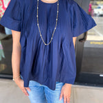 Navy Flutter Blouse-200 Fashion Blouses-PINCH-July & June Women's Fashion Boutique Located in San Antonio, Texas