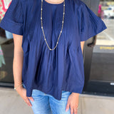 Navy Flutter Blouse-200 Fashion Blouses-PINCH-July & June Women's Fashion Boutique Located in San Antonio, Texas