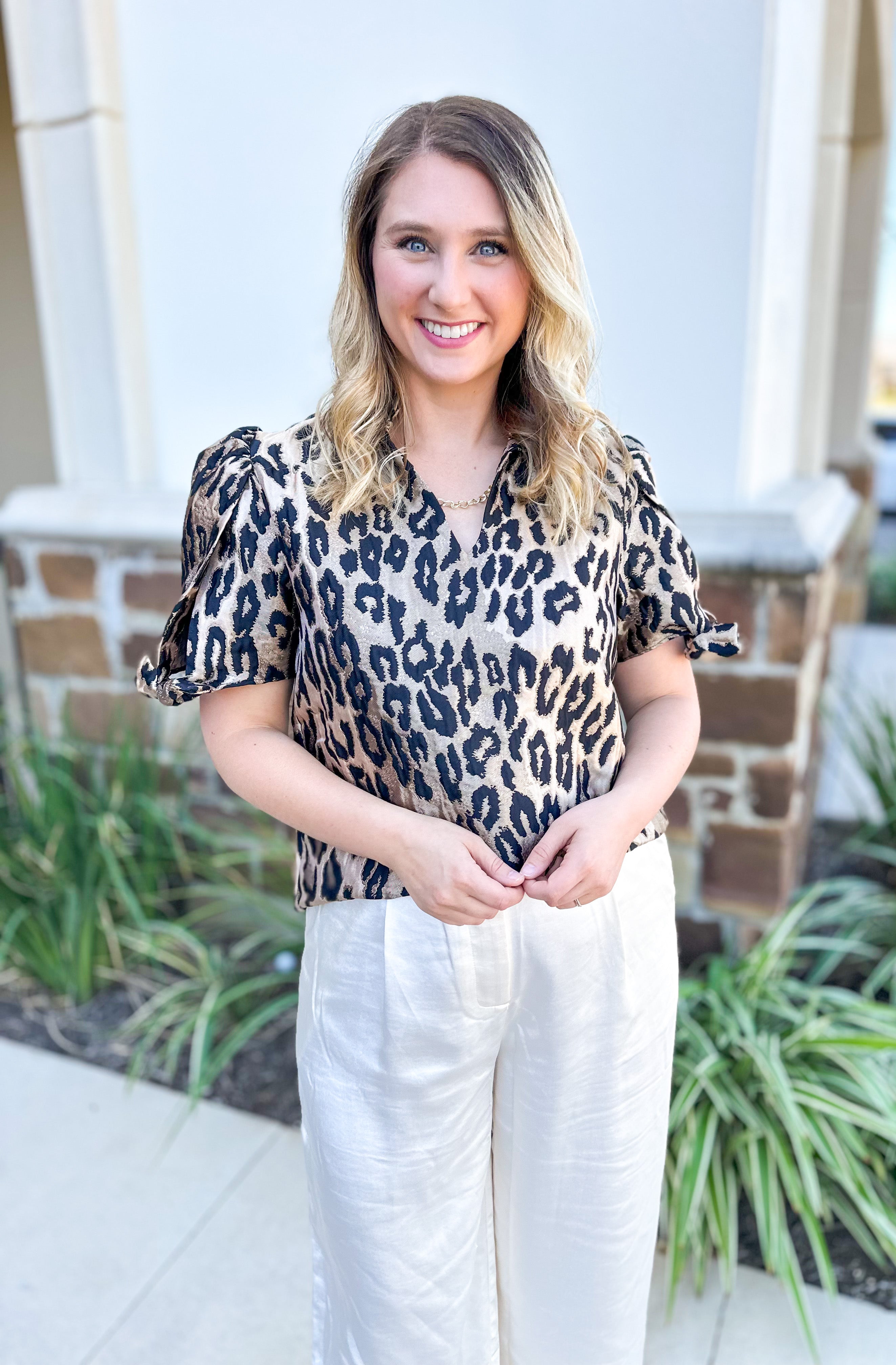 THML - Metallic Cheetah Blouse-200 Fashion Blouses-THML-July & June Women's Fashion Boutique Located in San Antonio, Texas