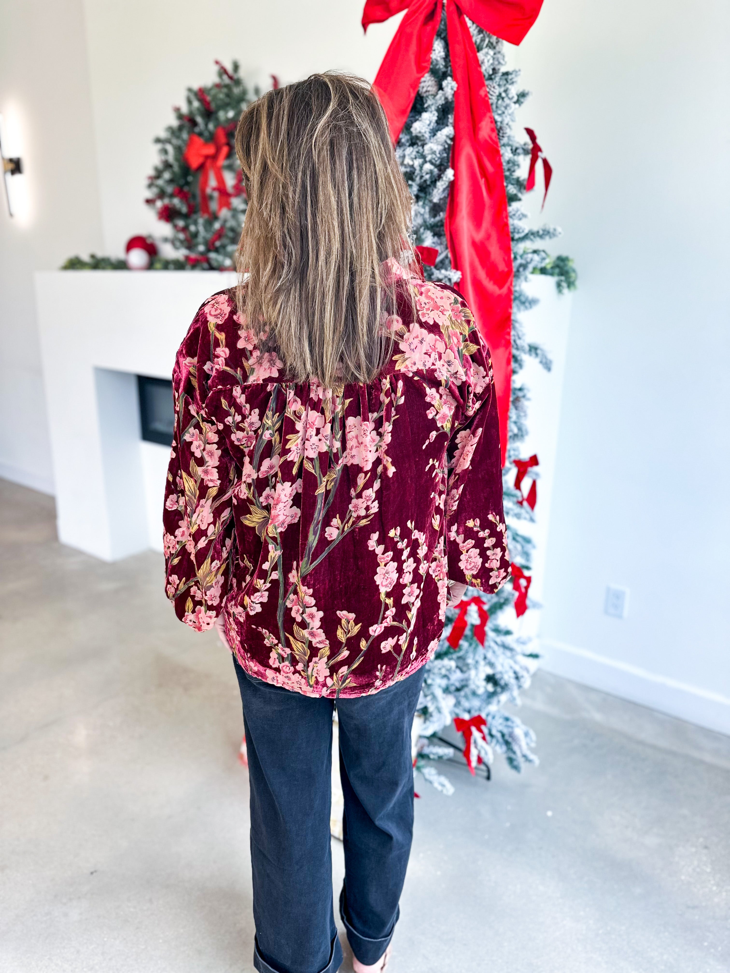 Velvet Floral Blouse - Burgundy-200 Fashion Blouses-JODIFL-July & June Women's Fashion Boutique Located in San Antonio, Texas