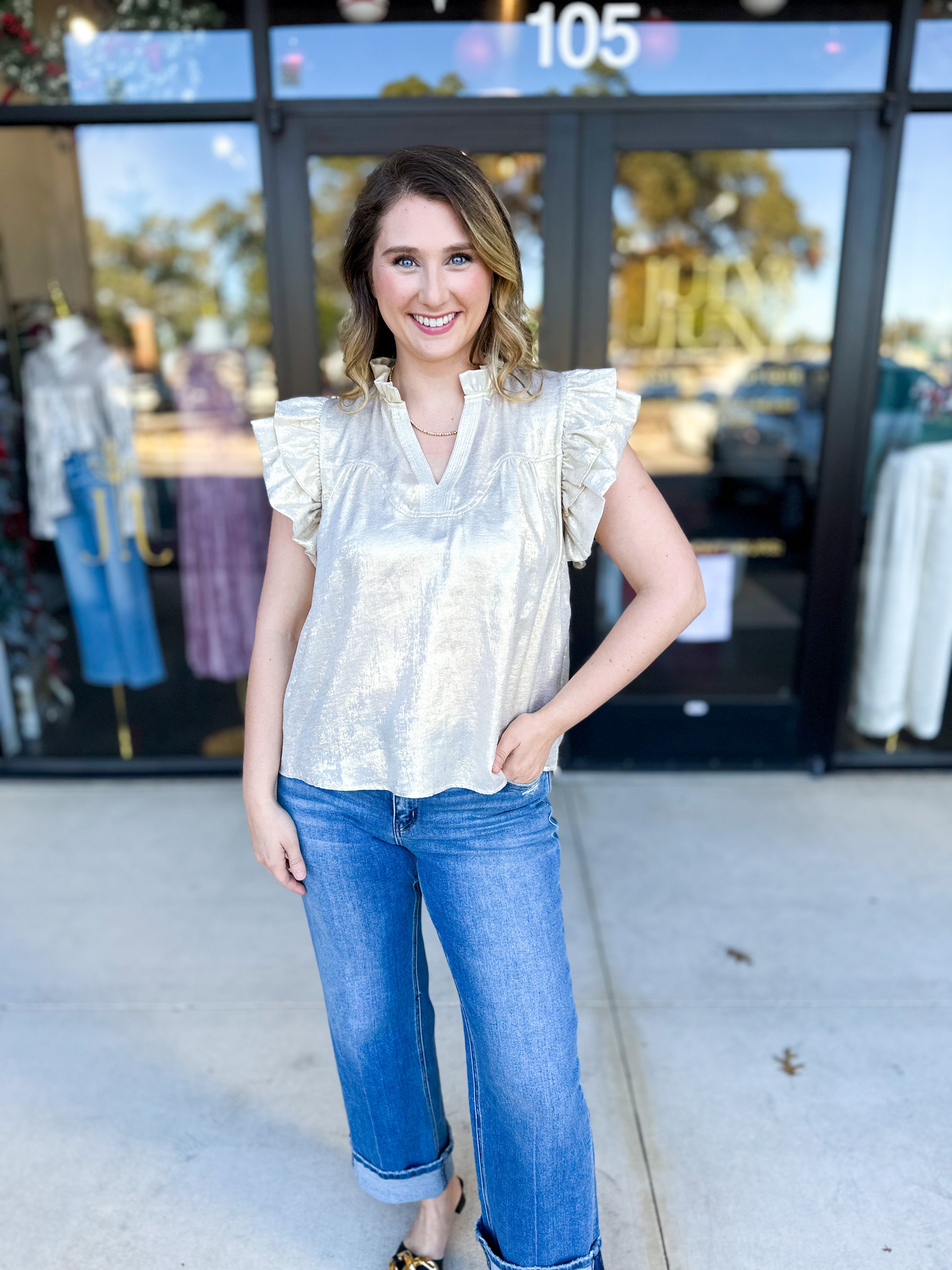 THML - Gold Shimmer Blouse-200 Fashion Blouses-THML-July & June Women's Fashion Boutique Located in San Antonio, Texas