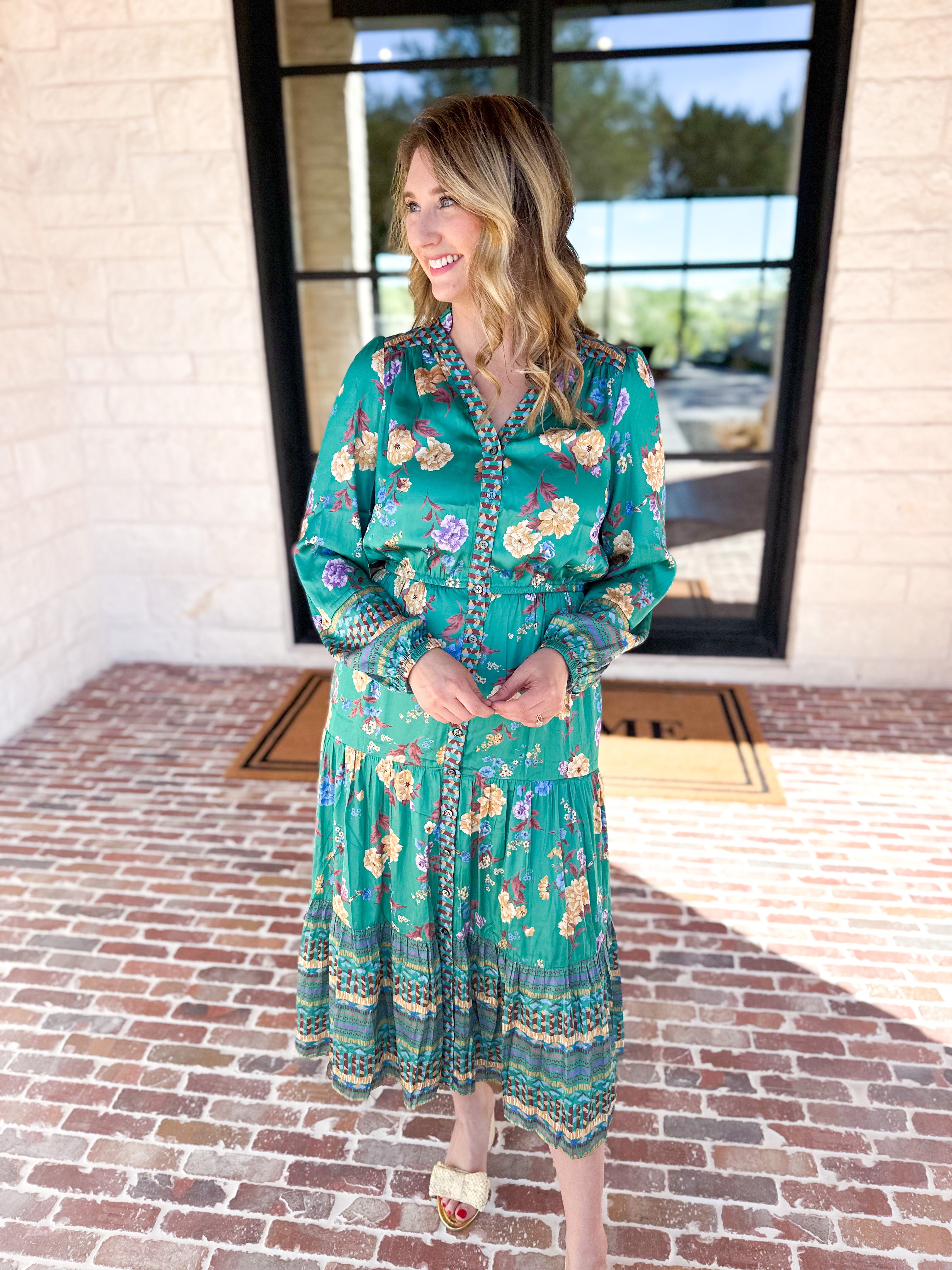 Current Air - Green Floral Satin Midi Dress-500 Midi-CURRENT AIR CLOTHING-July & June Women's Fashion Boutique Located in San Antonio, Texas