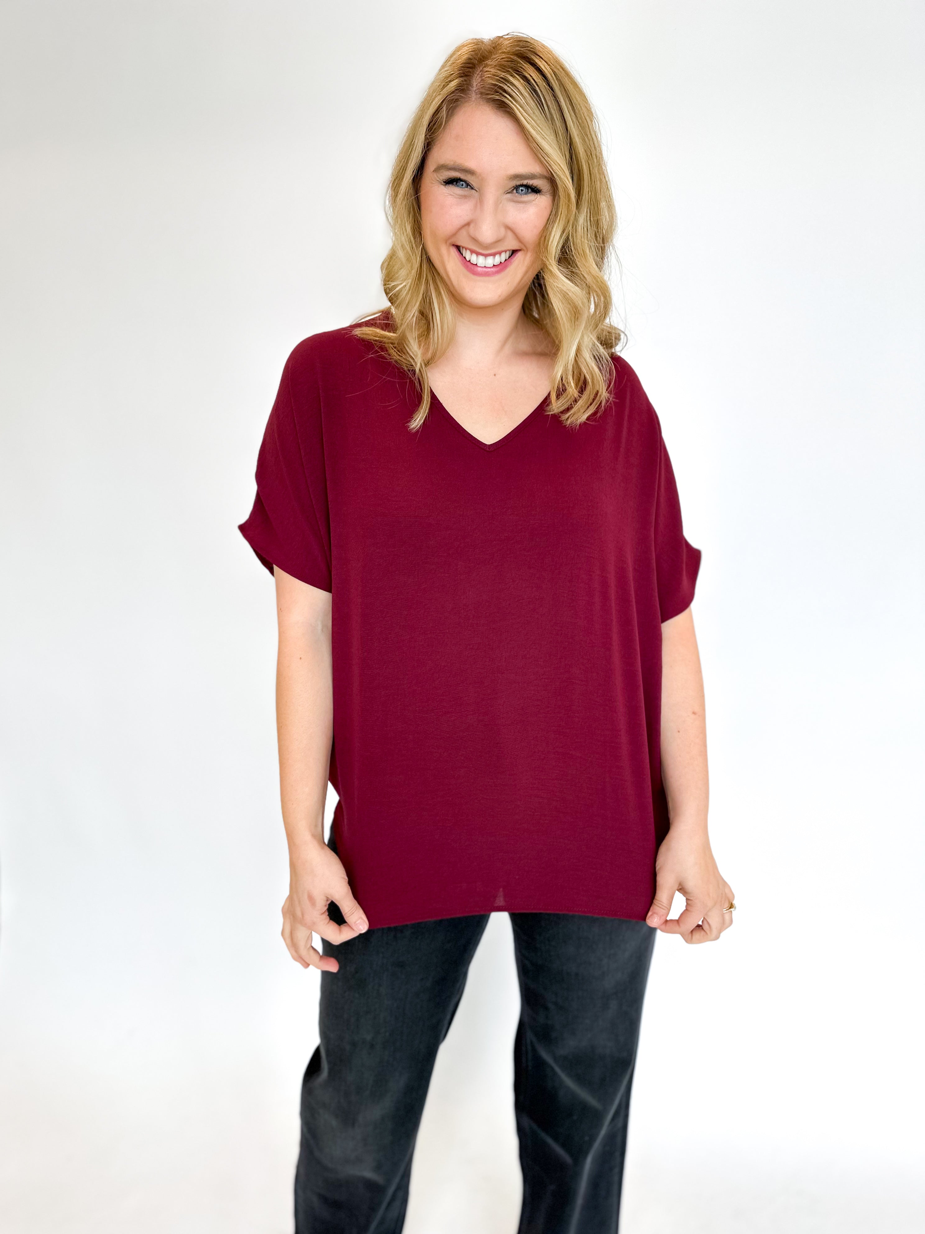 Pink Friday Doorbuster - Basic V-Neck Blouse - Wine-PINK FRIDAY DOORBUSTERS-ENTRO-July & June Women's Fashion Boutique Located in San Antonio, Texas