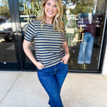 Striped Round Neck Tee - Olive-210 Casual Blouses-POLOGRAM-July & June Women's Fashion Boutique Located in San Antonio, Texas