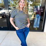 Striped Round Neck Tee - Olive-210 Casual Blouses-POLOGRAM-July & June Women's Fashion Boutique Located in San Antonio, Texas