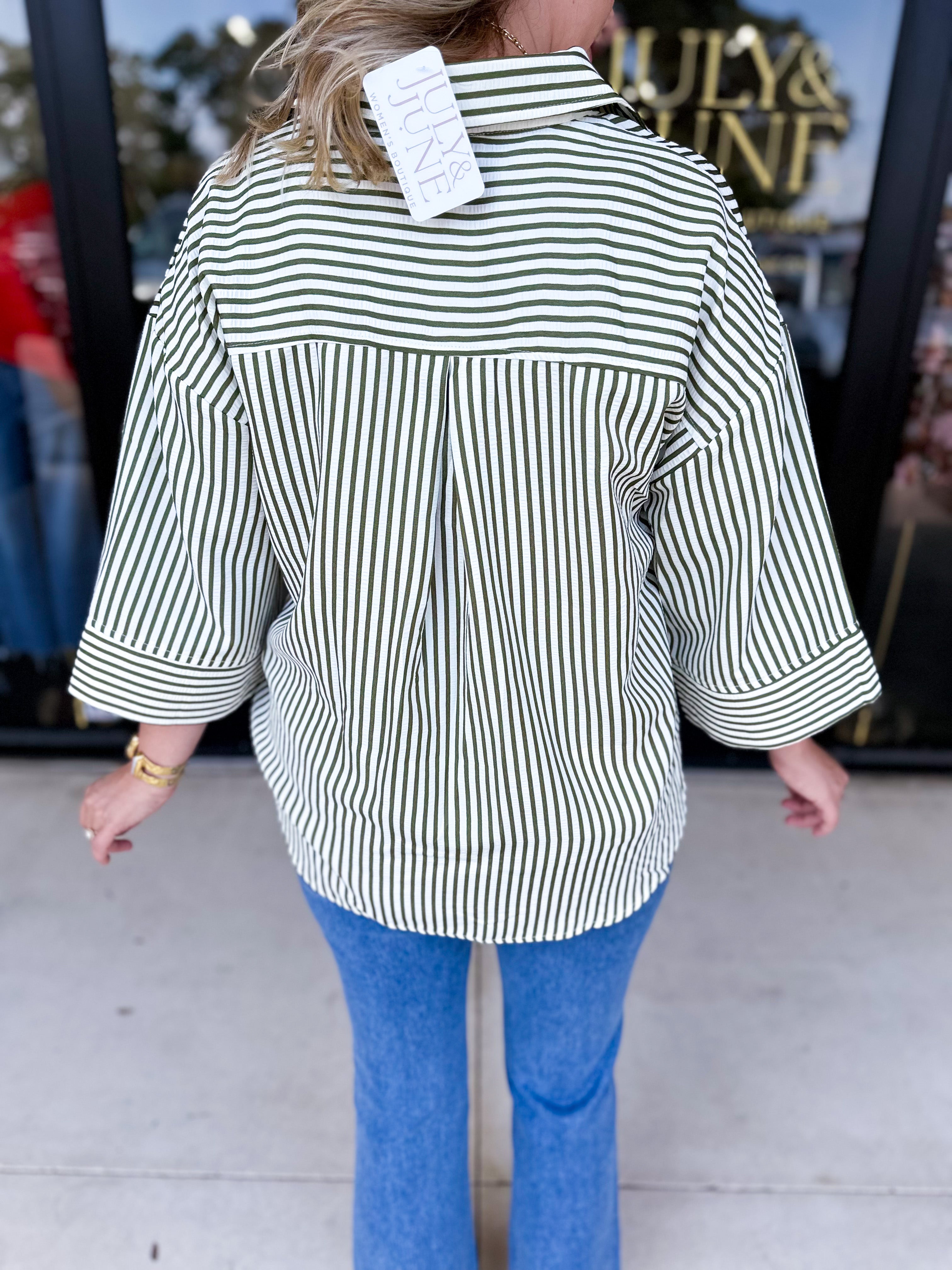 Chic Stripe Blouse - Olive-200 Fashion Blouses-ENTRO-July & June Women's Fashion Boutique Located in San Antonio, Texas