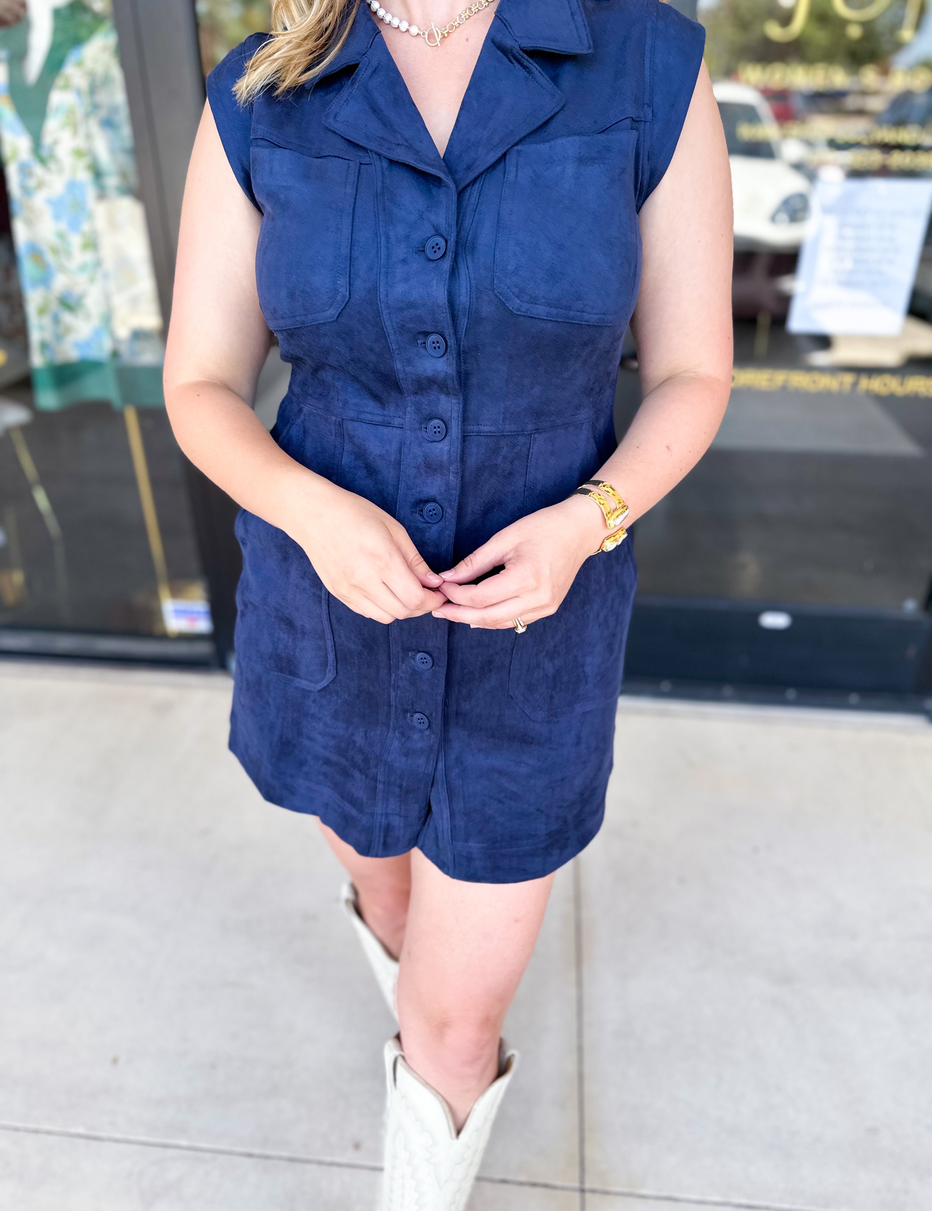 Suede Collared Mini Dress - Navy-510 Mini-SKIES ARE BLUE-July & June Women's Fashion Boutique Located in San Antonio, Texas
