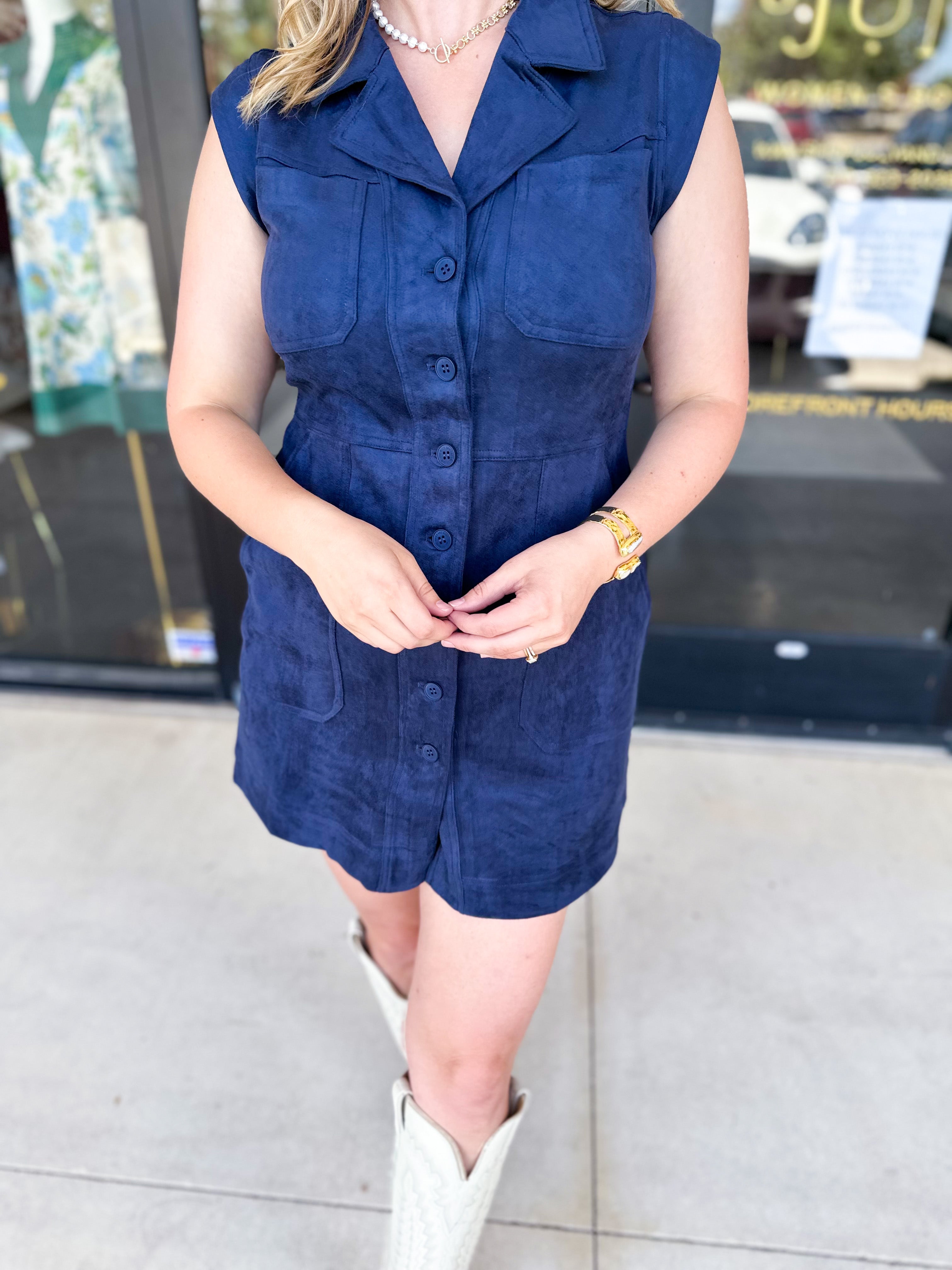 Suede Collared Mini Dress - Navy-510 Mini-SKIES ARE BLUE-July & June Women's Fashion Boutique Located in San Antonio, Texas