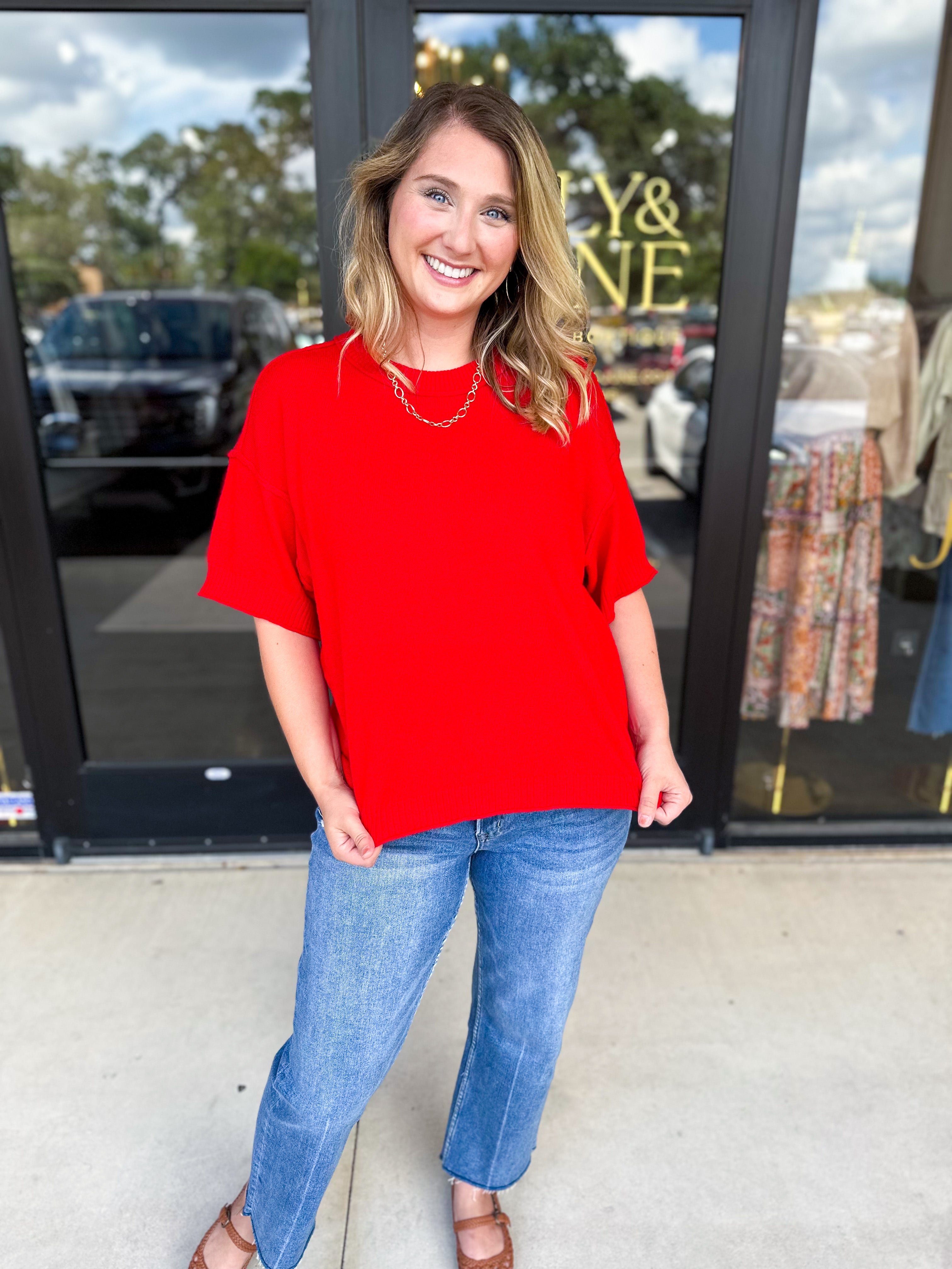 The Ella Knit Sweater Top - Red-230 Sweaters/Cardis-JODIFL-July & June Women's Fashion Boutique Located in San Antonio, Texas