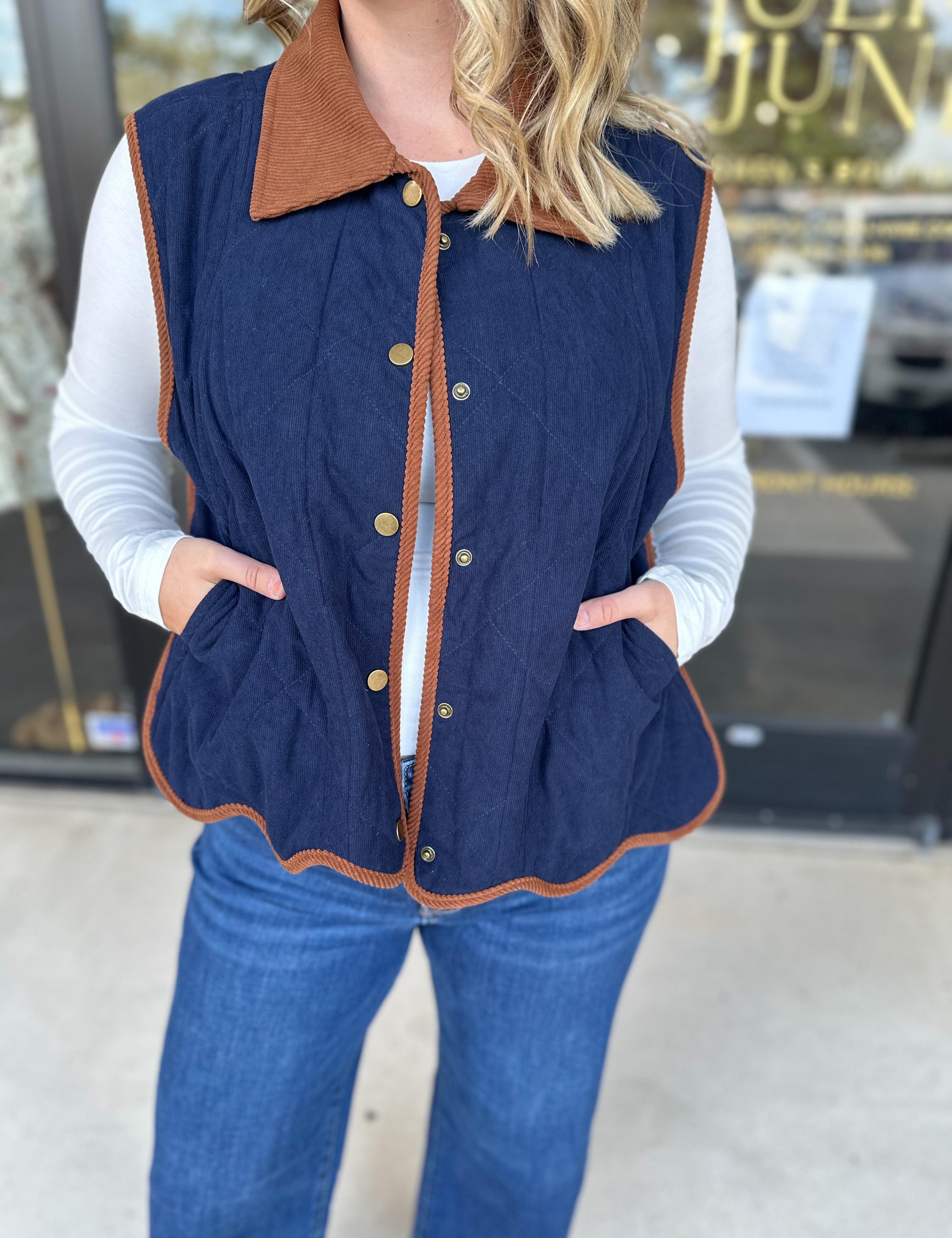 Navy & Suede Vest-600 Outerwear-ENTRO-July & June Women's Fashion Boutique Located in San Antonio, Texas