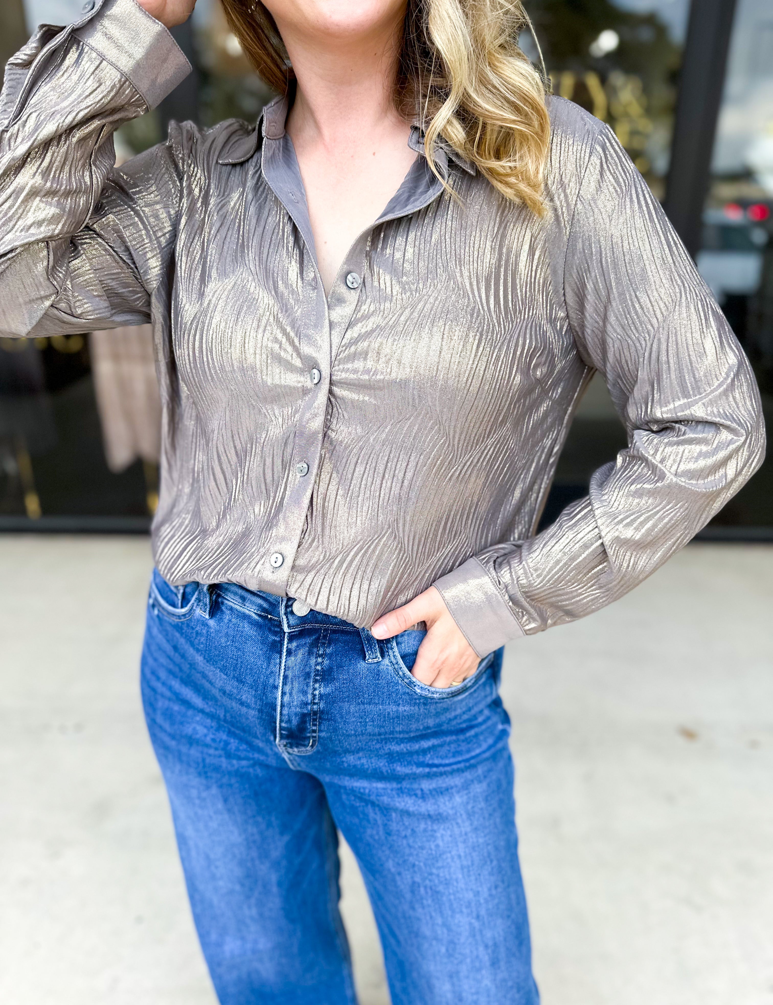 Shimmer Button Down Blouse - Champagne-200 Fashion Blouses-ALLIE ROSE-July & June Women's Fashion Boutique Located in San Antonio, Texas